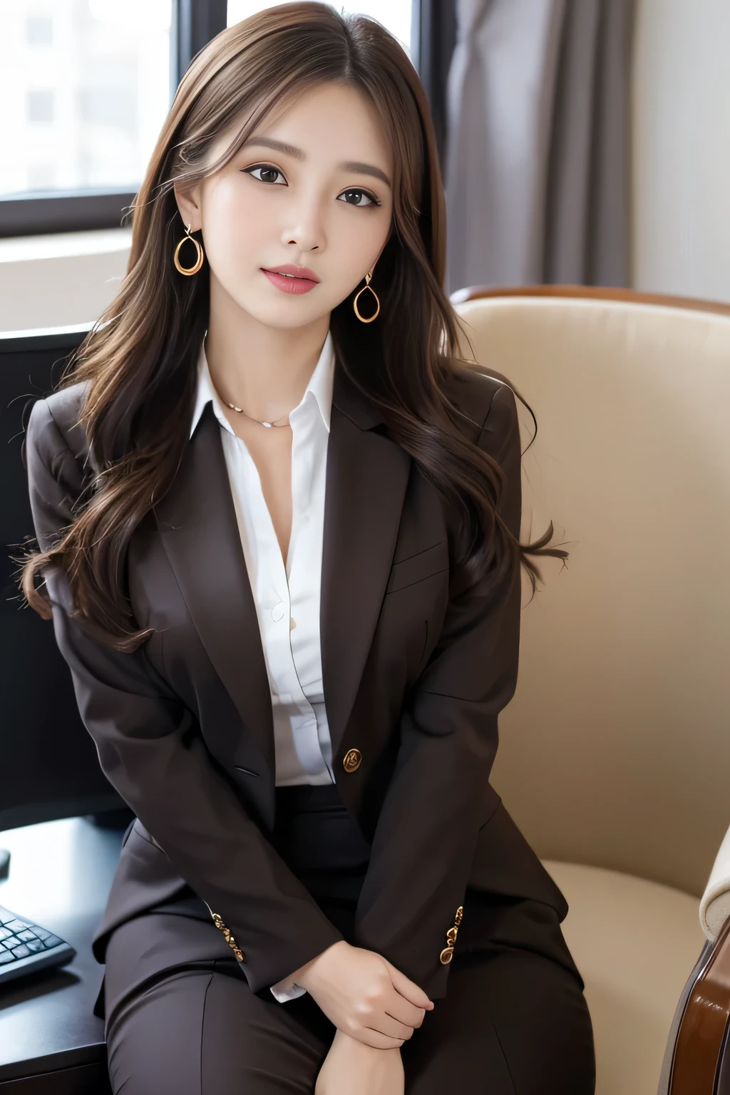 highest quality, masterpiece, 8k, Ultra-high resolution, (Realistic: 1.4), 1 girl, Beautiful Face, Symmetrical eyes, big, Perfect Body Proportions, ((Long Hair))、((Brown Hair)), secretary、(Luxury business suits)、The viewer's gaze, (president'office、Blurred Background), Front view, Absolute area (1.3),A kind smile、Seems kind、Cowboy Shot、((standing on a windswept rooftop during sunset, overlooking a cityscape:1.3)),((light rays,Tyndall effect,outdoor,cloud:1.4)), ((wearing Floral blouse :1.3))、((wearing blue flared mini skirt:1.3)),