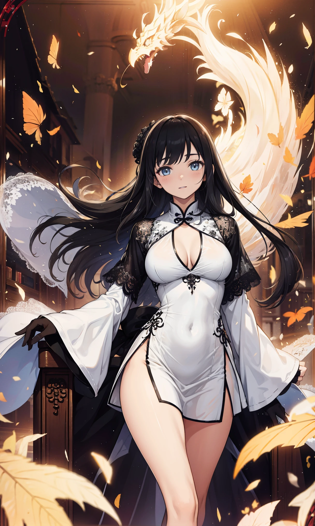 (masterpiece, best quality), 1girl, demon, black eyes, malicious, mature woman, white translucent dress, scars, black wings