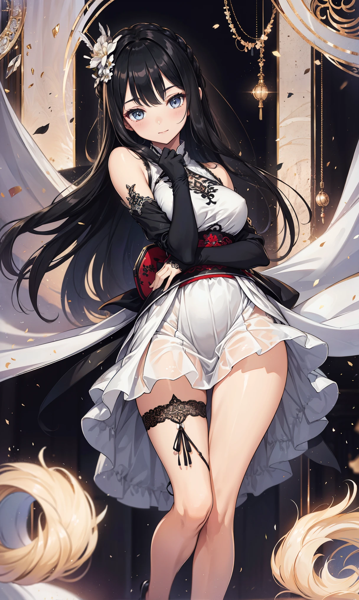 1girl, long black hair, medium breasts, closed eyes, light smile, crop top, long sleeves, long floral print skirt, black heels, holding bouquet,