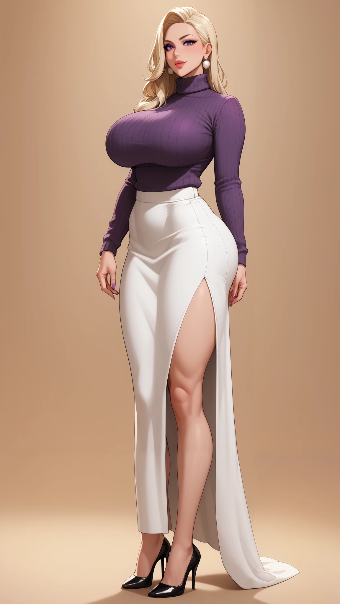 club,5 policewomen , stand in a row , model body,Tall and straight, Long Legs,Big Breasts!Big Breasts!Big Breasts! super huge ! Big Butts!Exquisite accessories ,purple turtleneck tight sweater,white silk, long skirt , sexy high heels。