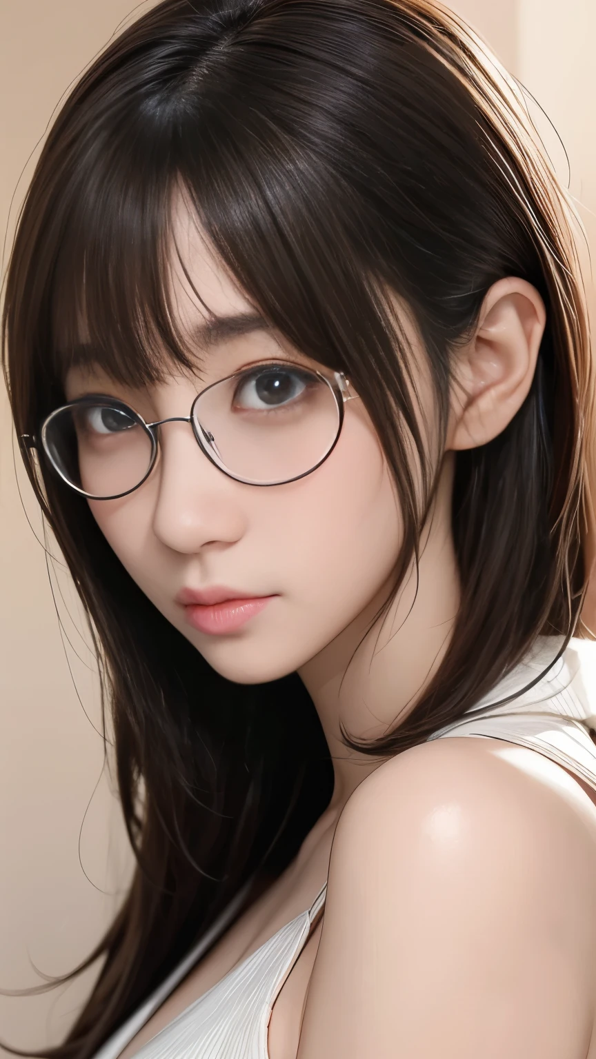masterpiece、masterpiece、top-quality、top-quality、realisitic、Unity、8k壁纸、Official art、Highly detailed CG Unity 8k wallpaper、ulzzang-6500、(Original: 1.2)、(realisitic: 1.4)、ultra-detailliert、hight resolution、ultra-detailliert,magnifica, Pony tail、Sitting at a desk、study、(eye glasses)、((suits))、cleavage of the breast、breastsout、A smile、finely detail, lighting like a movie, (1girl in:1.4 ),Brown hair、straight haired、 (real looking skin:1.2), (light brown-skinned:1.2), Beautiful Girl Beautiful Details、extremely detailed eye and face、profile、look_up、(ighly detailed)、(Ultra clear skin pores)、(top-quality、masterpiece:1.3)、(looking at the spectator)、 1womanl、Beautiful woman、Pretty Woman、Woman with good style、Sexy Woman、Elegant woman、attractive girl、slender and balanced body、 ((Small beautiful ass))、((teats))、de pele branca、slick skin、smooth legs、Smooth hands、Smooth armpits、Smooth toe、Smooth fingers、Beautiful and well-groomed face、White face、beautidful eyes、(Detailed black eyes)、Beautiful mouth、(a closed mouth)、Pink lips、Brown hair、No hair ornament、 Colossal tits、Soft udder