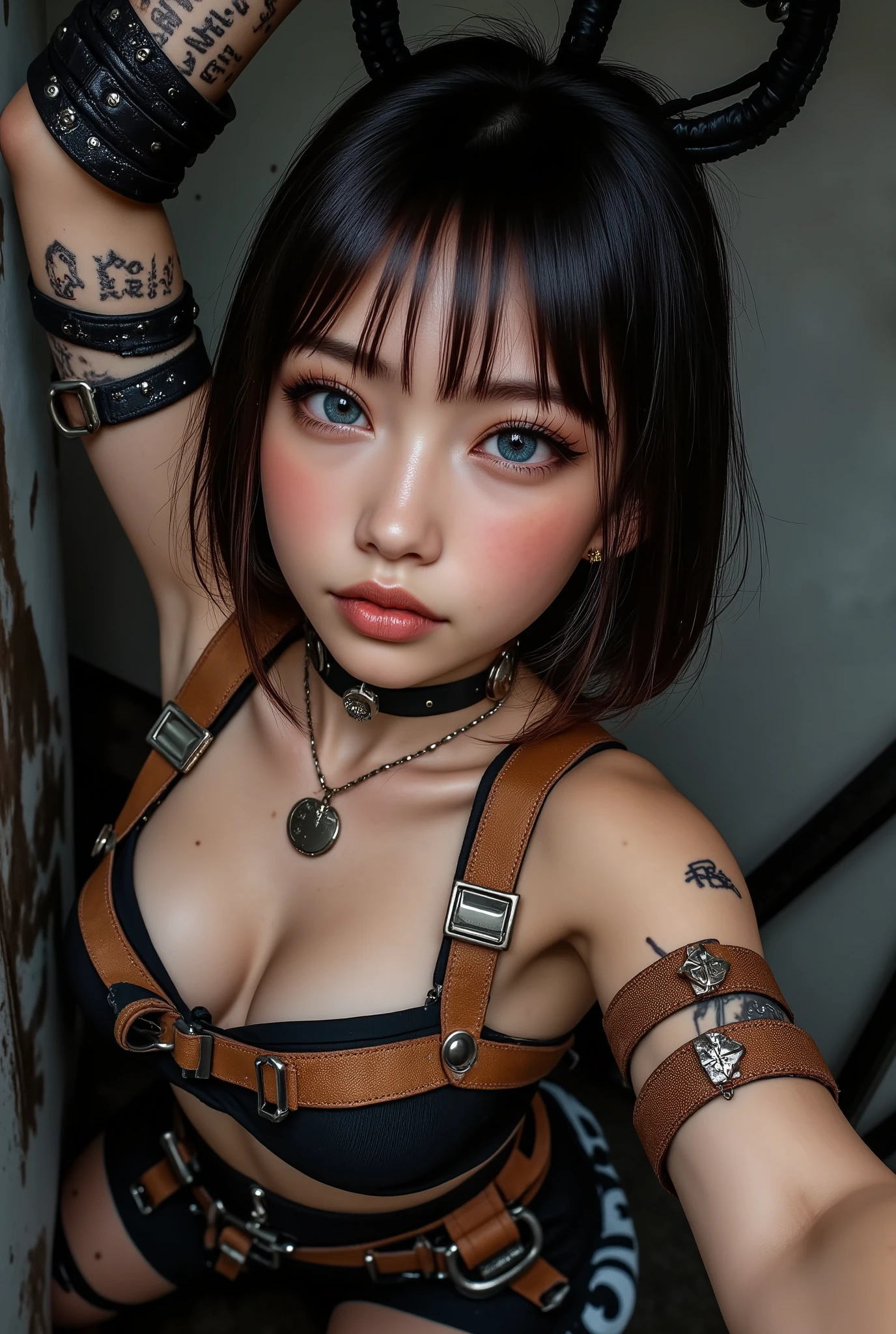 (High Definition, masterpiece, Accurate, top quality, High Definition model, high detail, (((The textures are soft))), ((matte and toy-like with a handmade premium look)), (((Tim Burton style))), dark, Beautiful woman doing electrical work, stepladder, tanned leather tool belt with electrician tools, anime, Full Harness, Seductive smile, Gigantic breasts, Thick thighs, Glamor, BREAK Solo focus, High-angle view, Squatting,