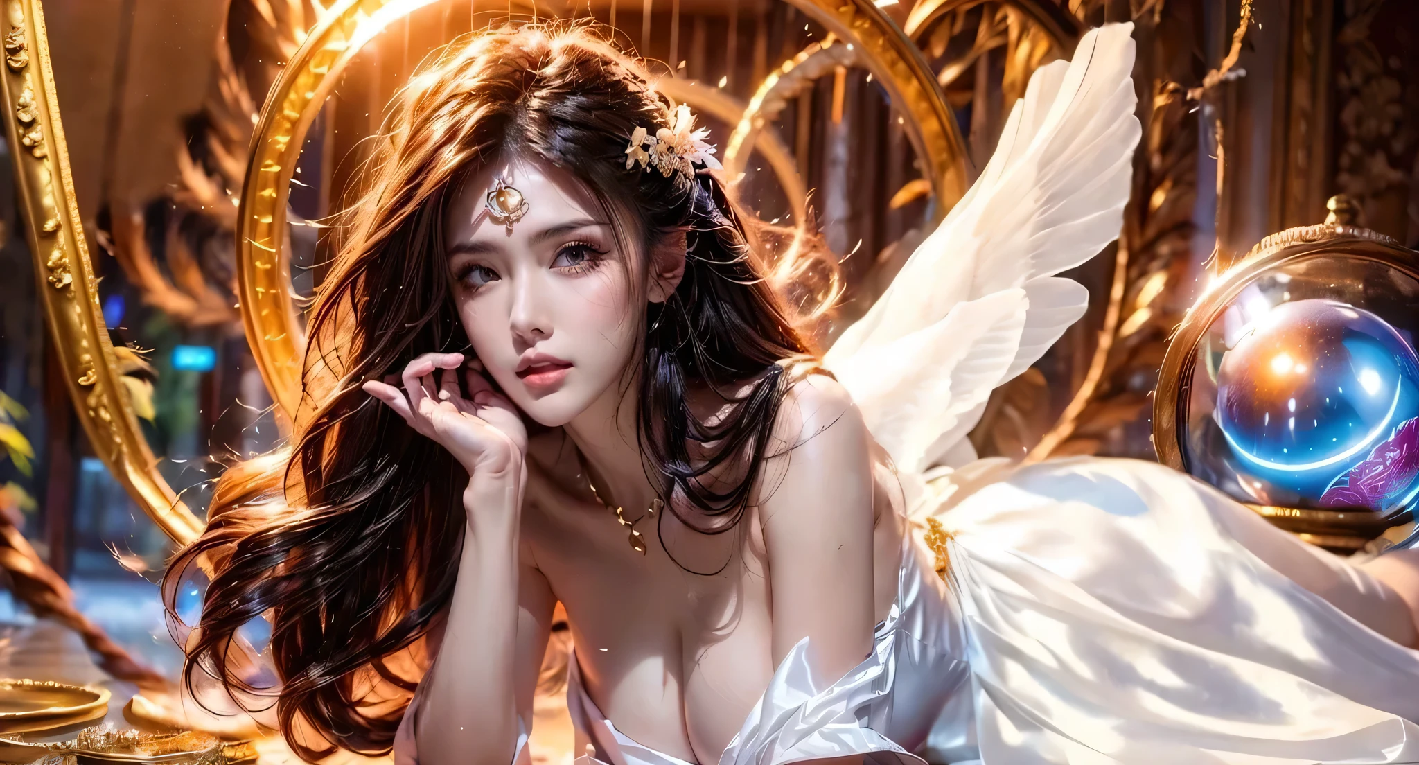Highly detailed RAW color photo, toned physique, (elegant, beautiful face), (detailed skin), (oil: 0.4), (Tesla coil: 0.4), soft lighting, (side lighting: 0.8), shadow casting, deep focus, shot on Leica 10772 M-P, 85mm macro lens, f/8 aperture, film still image, (a woman in a white lace dress holding a fireball with body horror body: 1.2), gold wire butterfly flying background, Concept art inspired by Ai Xuan, Artstation Contest Winner, Fantasy Art, Beautiful Celestial Mage, Body Horror Fantasy Empress, Full Body Fairy, Amazing Young Ethereal Figures, Beautiful Figure Painting, Beautiful Young Wind Spirit, Flowing Magic Robe, Beautiful Witch, Goddess of Terror, Beautiful Witch, Long Hair, Stylish Princess, (Very Detailed Face) (Very Detailed and Expressive Eyes), , Exposed Clothes, (Wet floor: 1.4), (Body horror zombie creature on floor: 1.2)