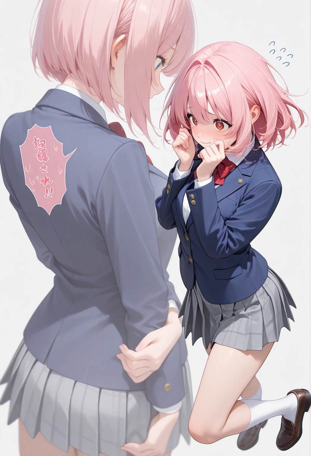 Short Haired Girl With Anime Glasses: 1.2, pink nipples, (anime style), glasses (spectacles) showing both, (short bob hair), cute, (lovely), ((sexy]), ultra-detailed, 4K, best quality, beautiful, flat color, illustration, (anime girl), ((pink lingerie)), (nipple details), shy, smiling, (blush), masterpiece, (anime eyes), pink pupils, (anime glasses frame), detailed description of face, detailed description of body, pink hair, (anime blush), (pink lips), (short skirt), (school uniform), dynamic pose, (anime