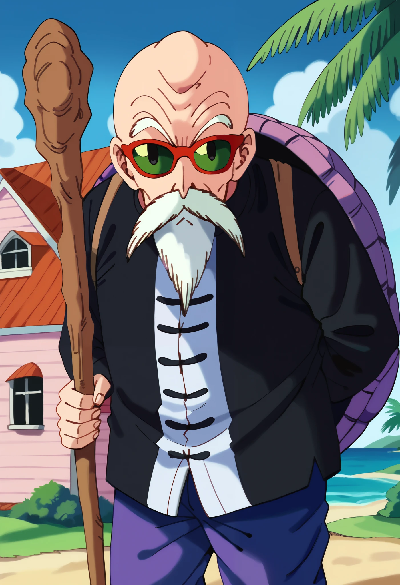 score_9,score_8_up,score_7_up, outdoors, 1boy,solo, old man, pink house, red roof, palm tree, bush, ocean, grass, kame house, BREAK muten roushi, 1boy,ict style, bald, white hair, ((bald:1.25)), beard, mustache, chinese clothes, orange jacket, red-framed eyewear, green-tinted eyewear, holding staff, brown staff, closed mouth, blue pants, skinny, (from side:0.7), sunglasses, backpack, purple turtle shell,
BREAK jackie chun,1boy,retro artstyle, black eyes, grey hair, beard, mustache, arms behind back,kame house, chinese clothes, black jacket, black pants, hair slicked back, looking at viewer,skinny, facing viewer, short hair,red english text,