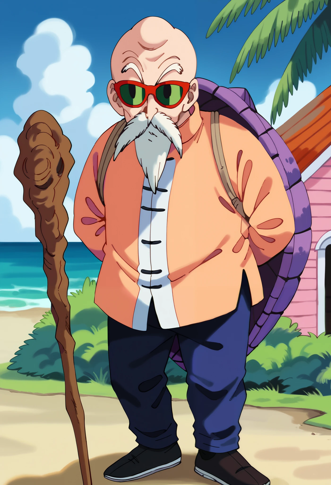 score_9,score_8_up,score_7_up, outdoors, 1boy,solo, old man, pink house, red roof, palm tree, bush, ocean, grass, kame house, BREAK muten roushi, 1boy,ict style, bald, white hair, ((bald:1.25)), beard, mustache, chinese clothes, orange jacket, red-framed eyewear, green-tinted eyewear, holding staff, brown staff, closed mouth, blue pants, skinny, (from side:0.7), sunglasses, backpack, purple turtle shell,
BREAK jackie chun,1boy,retro artstyle, black eyes, grey hair, beard, mustache, arms behind back,kame house, chinese clothes, black jacket, black pants, hair slicked back, looking at viewer,skinny, facing viewer, short hair,red english text,