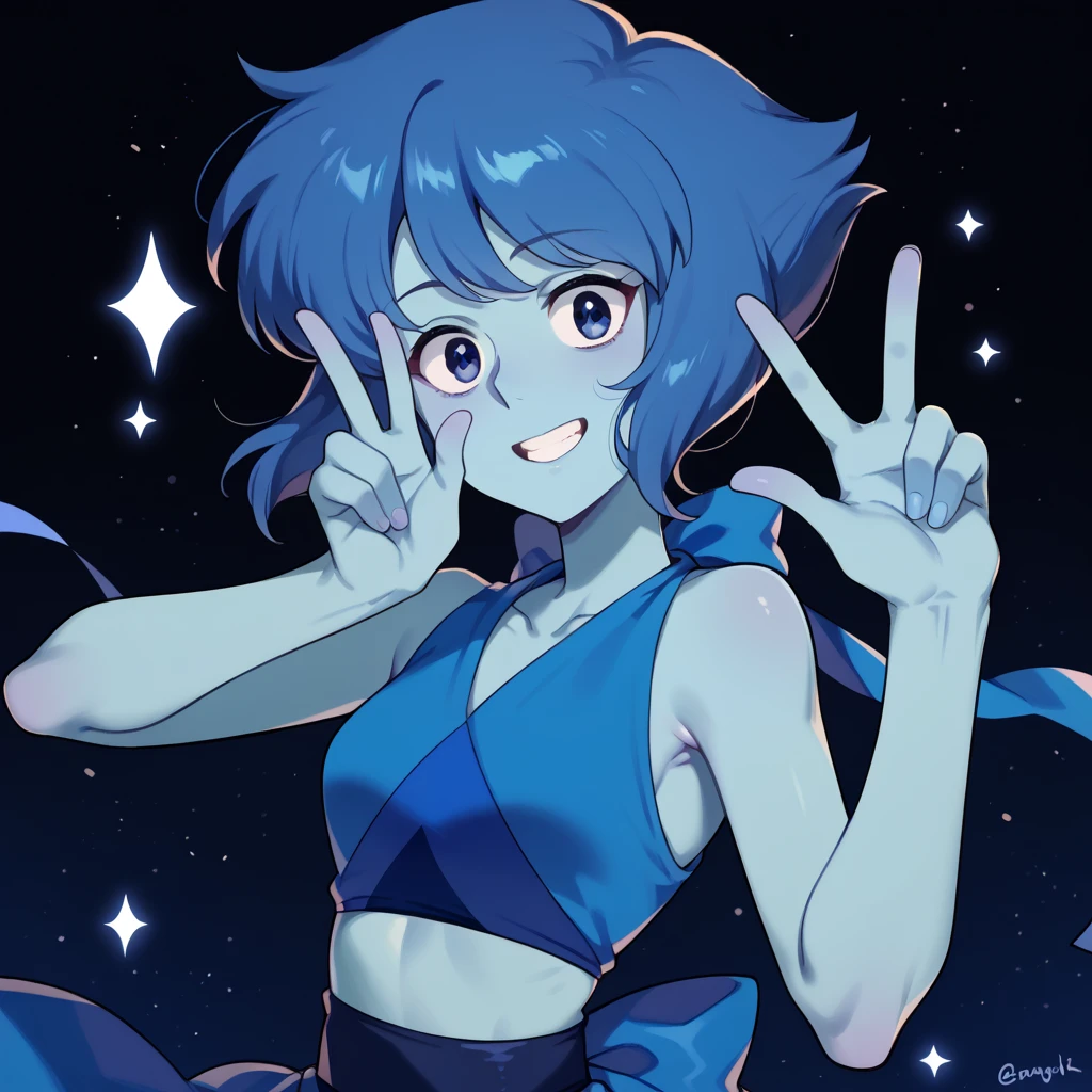 lapis_lazuli_lora lapis_sfw sfw, 1girl,  blue hair, lapis lazuli \(steven universe\), steven universe, rating_safe, wholesome, INFP introvert creative individualistic, v, peace sign, detailed hands,happy, looking at viewer, breasts, slim slender, blue skin, colored skin,source_anime, anime, score_9, score_8_up, score_7_up, score_6_up  