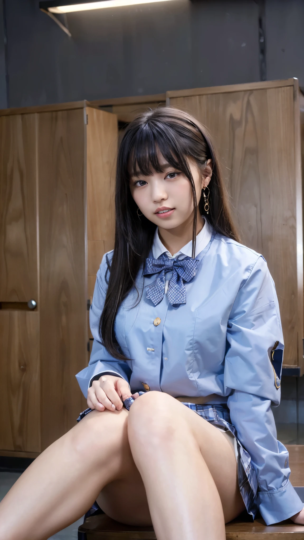 (Highest quality, 4K, High resolution, masterpiece, Genuine, Realistic, Realistic:1.3), (upper body), Girl sitting in a school changingroom and touching skirt, blue bow tie uniform, Dark Blown Blazer, blown plaid skirt, Ear piercing, Gal Makeup, wearing white collared shirts, ((Blonde long hair:0.4)), silver earrings, Gold Bracelets, grin, Gold chain19--old,ngs, suspicious face,Thighs, knees, From below, having pinching skirt:0.7, cross legs:0.8,