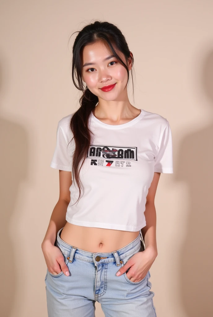 8k, RAW photo, best quality, ultra high resolution, (photorealistic), realistic photo of skinny japanese girl dee jay, (skinny japanese girl, 20 years old, most beautiful japanese girl in the world, slim face, black hair, straight hair), in the tokyo night club, dance floor, bright neon light light, (full body picture), (photo from the side), standing behind the dee jay table, dee jay equipment, sexy pose, wearing white t-shirt, (white t-shirt), wearing jeans shorts, (jeans shorts), wearing head phones, (head phones), (looking at viewer), shy, shy smile, seductivesmiling, (extremely detailed CG unity 8k wallpaper), Sharp focus, (bright light)