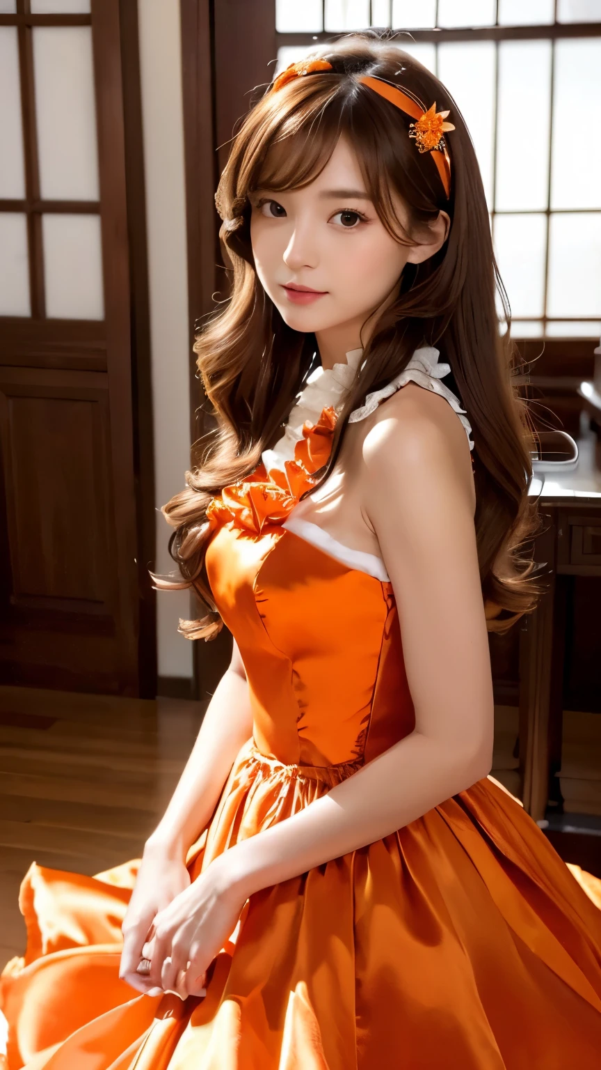 Official Art, Unity 8K wallpaper, Extremely detailed, beautiful and aesthetic, high quality, beautiful, masterpiece, best quality, 1 large double bed, Small bust, (Round chest:1.5) , (Long hair:1.5) , (zendispute, Mandala, dispute, endispute:0.6) , (beautiful dress:1.2) , (Orange lace:1.2) , (Bare waist:1) , (Thigh high:1.2) , (closure:1.2) , Dance poses,