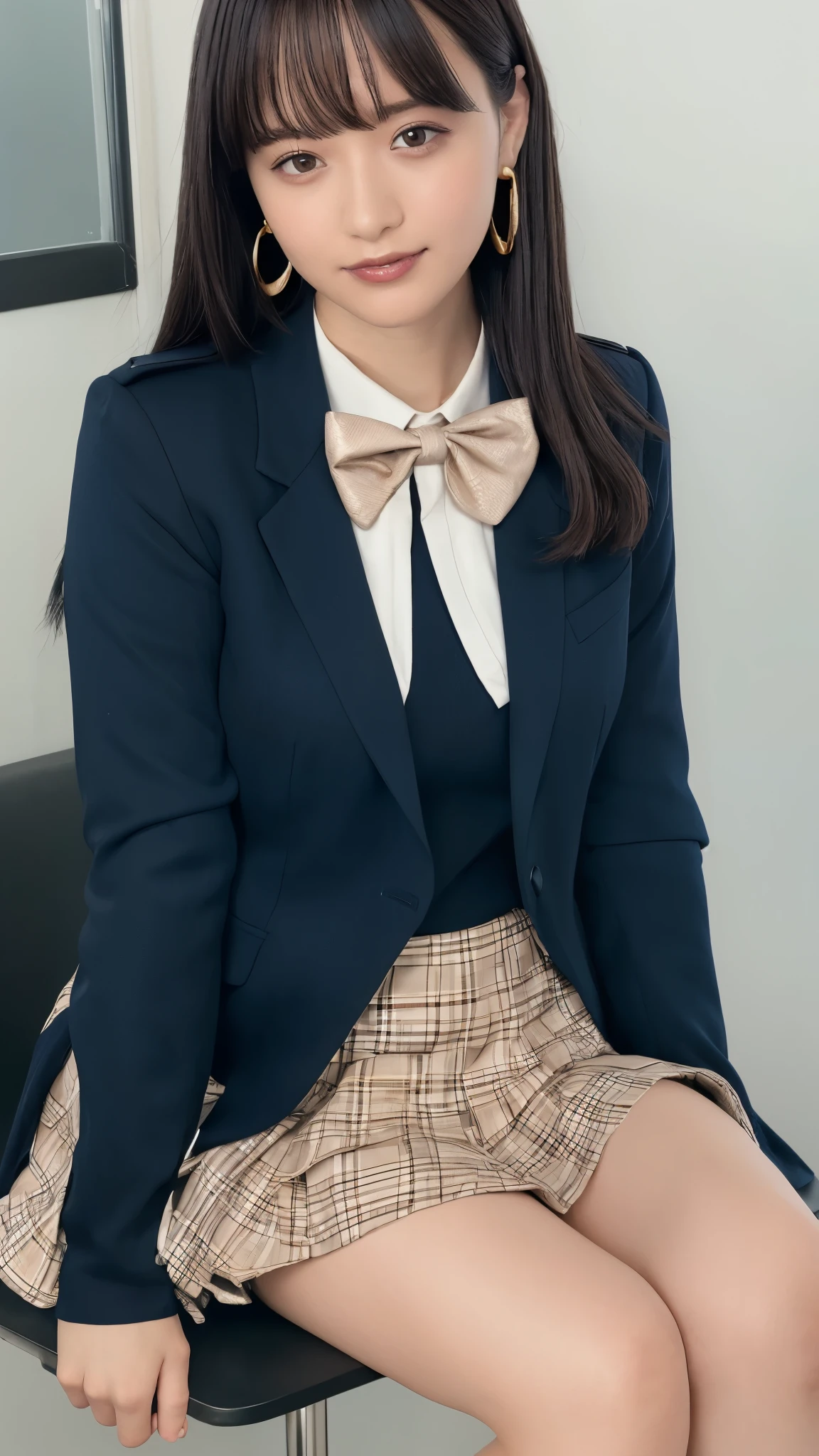 (Highest quality, 4K, High resolution, masterpiece, Genuine, Realistic, Realistic:1.3), (upper body), Girl sitting in a school changingroom and touching skirt, blue bow tie uniform, Dark Blown Blazer, blown plaid skirt, Ear piercing, Gal Makeup, wearing white collared shirts, ((black straight long hair:0.4)), silver earrings, Gold Bracelets, grin, Gold chain19-year-old, bangs, suspicious face,Thighs, knees, From below, having pinching skirt:0.7, cross legs:0.8,
