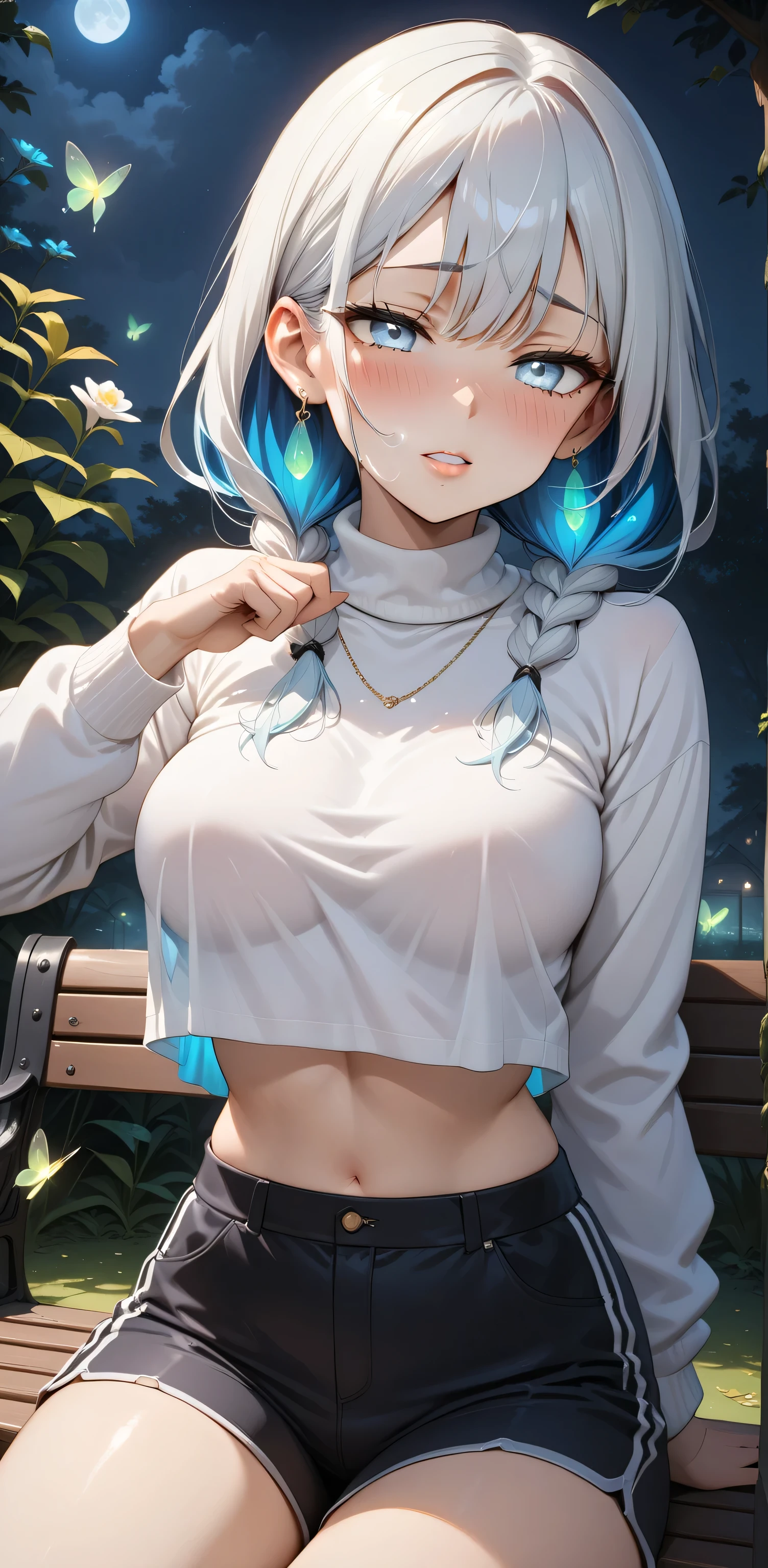 ((Random Sexy pose)), (elegant mature women), ((Ultra detailing)), (very aesthetic, best quality, ultra detailed), intricate details,
1girl, silver hair, Blue inner hair ,braids hair, (((Silver eyes))),((Detailed eyes)), ((Beautifull eyes)), ((prefect eyes)), sharp jawline, long hair, Medium breasts, Orgasm, Licking her lips, Blush, Medium breast, (white sweater, transparent, Crop top overhang , Short pants, ear ring,),(gasping,heavy breathing, blush),sitting on a park bench low angle view (Background : Leak, night, firefly, Flower)