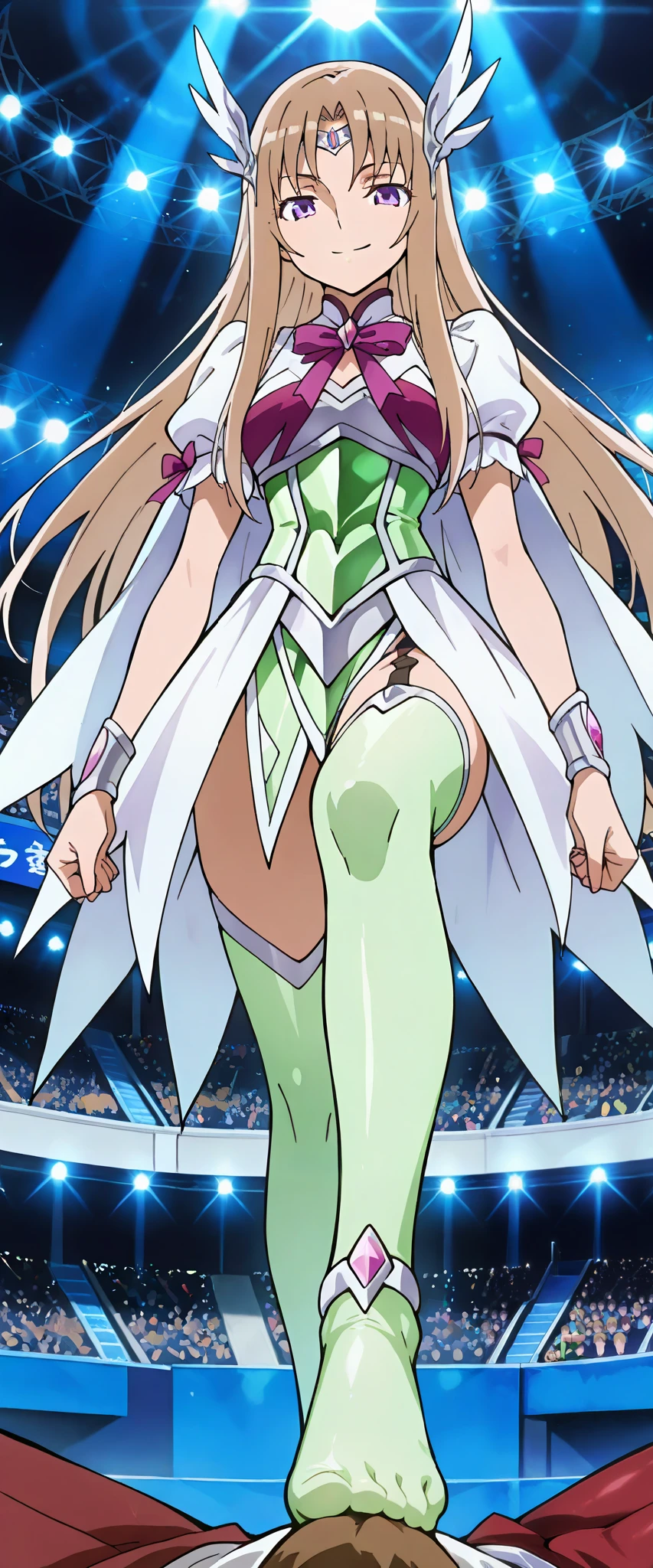 score_9, score_8_up, score_7_up, score_6_up, score_5_up, score_4_up, source_anime, game cg, masterpiece, best quality, amazing quality, highres, absurdres, very aesthetic, high resolution, ultra detailed, perfect details, Beautiful legs, healthy legs,
Seductive Smile, foreshortening, pov, foot focus, toe, facing at viewer, looking down, from side, standing on one leg, femdom, stepped on, footjob, 1boy, after the match, shaming viewer, arena, stronger lighting
Aquila Yuna, (New Aquila Cloth), 1girl, solo, blonde hair, brown hair, purple eyes, blue eyes, green thighhighs,