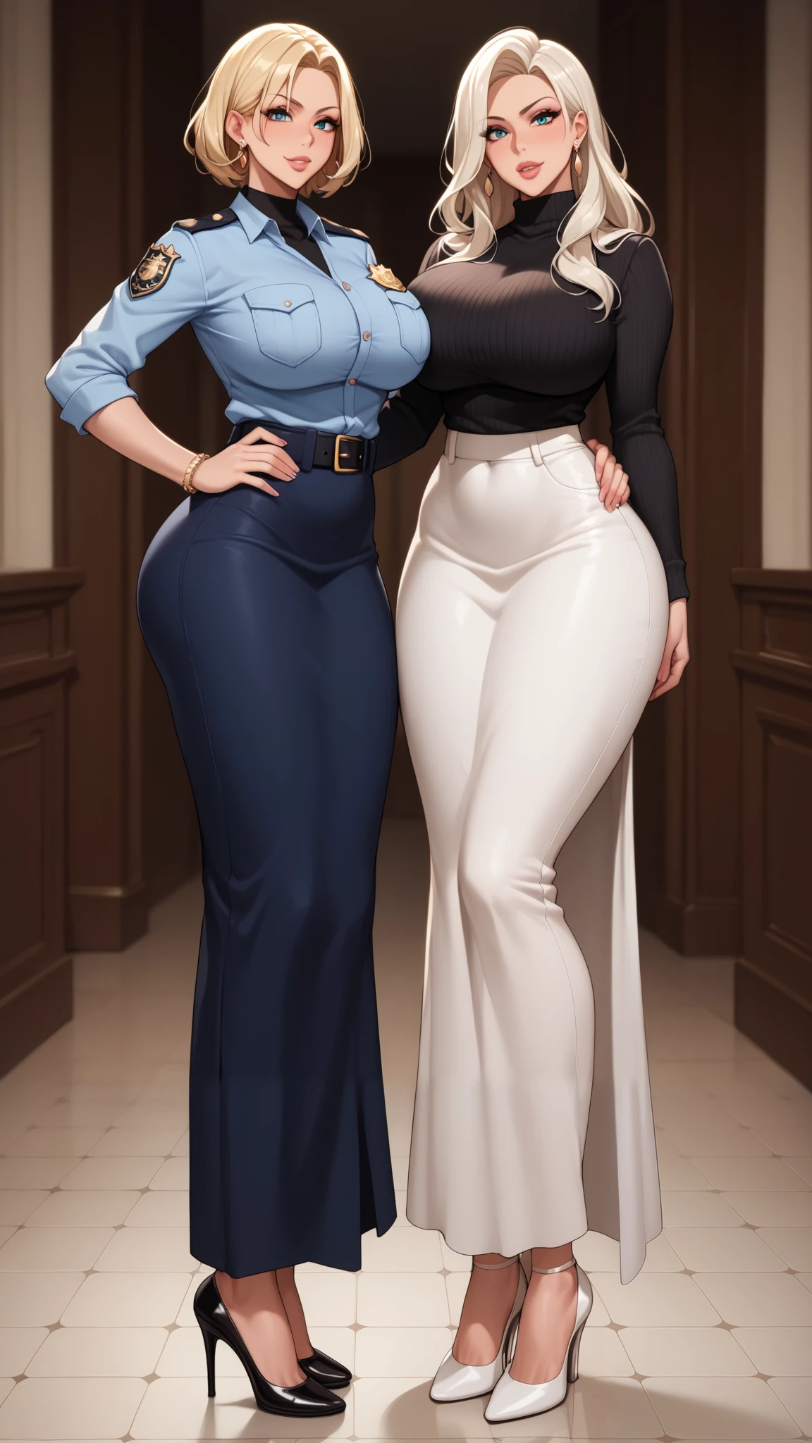 club,2 female police officers , stand in a row , model body,Tall and straight, Long Legs,Big Breasts!Big Breasts!Big Breasts! super huge ! Big Butts!Exquisite accessories , black turtleneck tight sweater ,white silk, long skirt , sexy high heels。