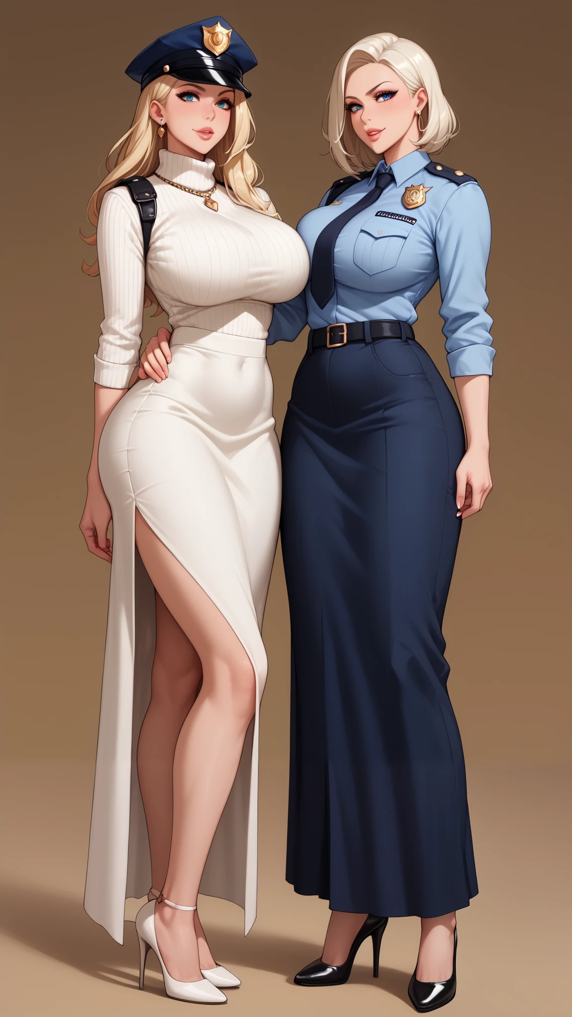 club,2 female police officers , stand in a row ,Stand back to back ， model body,Tall and straight,  Long Legs,Big Breasts!Big Breasts!Big Breasts! super huge  ! Big Butts!Exquisite accessories , white high neck tight sweater,white silk, long skirt , sexy high heels。