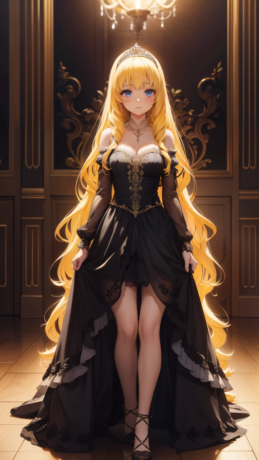 latifafleuranza, latifa fleuranza, yellow hair, blue eyes, long hair, medium breasts, diadem, tiara, looking at viewer, full body, indoors, masterpiece, best quality, high resolution, unity 8k wallpaper, (illustration:0.8), beautiful detailed eyes, extremely detailed face, perfect lighting, extremely detailed CG, cleavage, little black dress