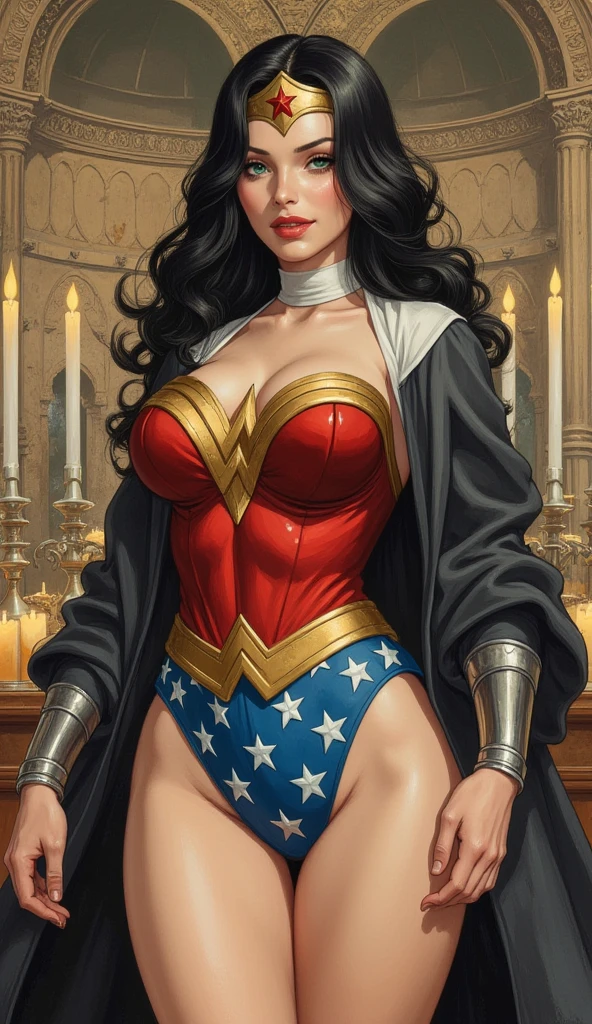 (((SUPERHEROINE WONDER WOMAN esta vestindo lingerie rendada branca, white lace pantyhose, stilettos high heels brancos, wearing wedding veil))), ((It is on the altar of the church, forced to marry))), ((Ela foi estuprada, ela foi surrada)) ,((SUPERHEROINE wonder woman wearing wedding veil and wreath)), ((emotional expression,expression of pain and despair, gritando de dor, expression of suffering, eyes widewonder Wonder is standing, on tiptoe), (She's crying a lot, ela tem cabelo preto, ela tem cabelo longo)), ((She wears a thick metal necklace around her neck..)), (obra-prima, melhor qualidade) 1.5, 1 garota, sozinho, (sexy, mulher bonita, rosto perfeito, olhos perfeitos), corpo inteiro. ((She is wearing white starry lace panties)), tears running down your face)), ((Mulher Maravilha em cativeiro, arms tied behind the back, shibari, hands tied behind the back,painful restraint by ropes), (((emotional expression,expression of pain and despair, gritando de dor, expression of suffering, olhos arregalados, expression of fear))).