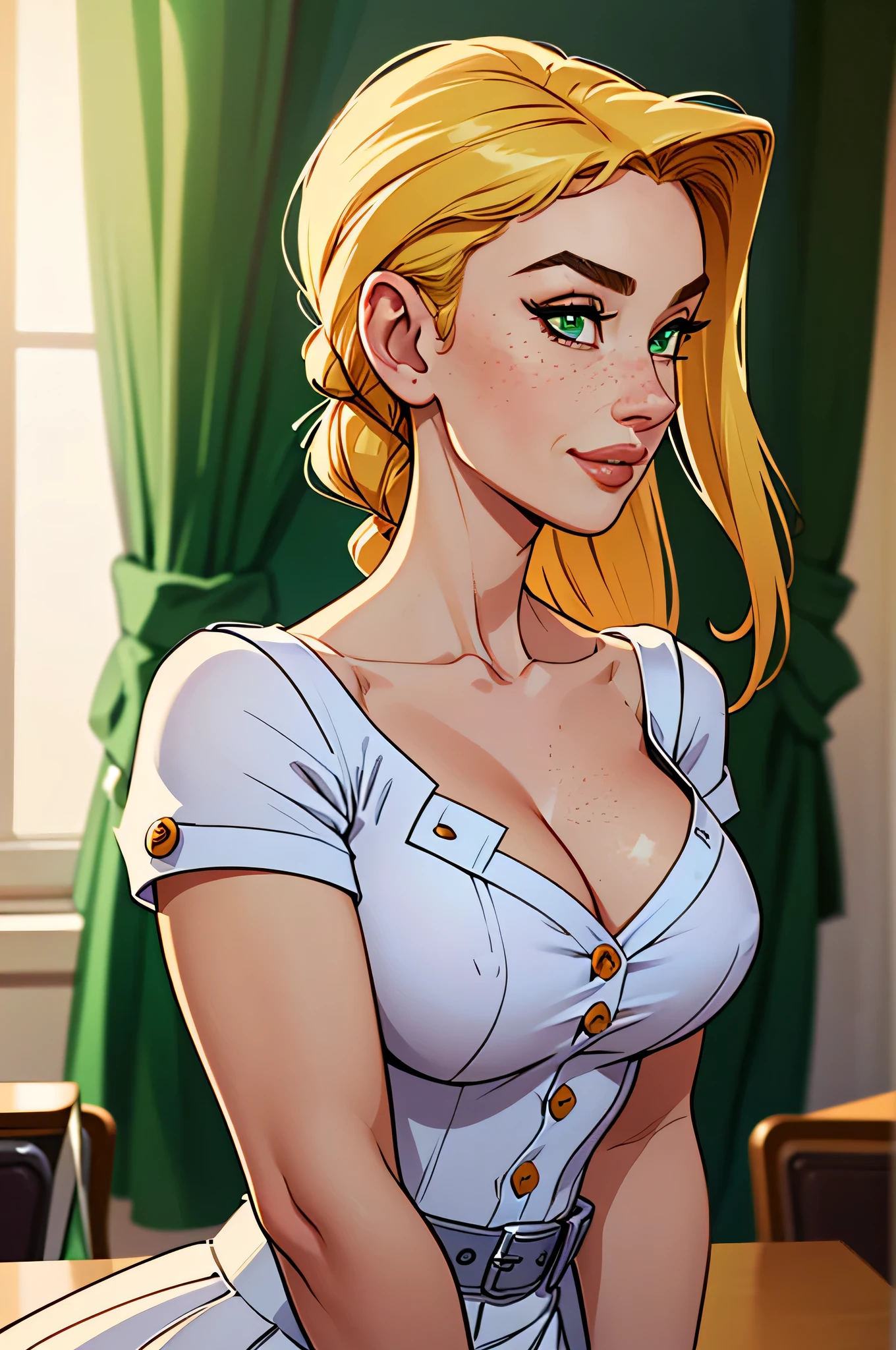 ( absurd,  High Quality, Ultra Delicate,  be careful with your hand)  Close-up of a skinny and curvy woman, athletic, 25 years, 8k ( High Definition), sighing smile ,  Seductive look,  green eyes, nose fine, teacher wearing white dress shirt  ((V-neck, buttons,  short sleeves )),  discreet belt on the skirt ,  herself wearing glasses,  arms positioned on the sides of the body,  white skin,  blond hair ((long with braided ponytail )), standing ((Close on the upper body ,  side view)),  with freckles on your chest and neck , (( large, round breasts )), (( Well defined collarbone )). Marvel style (( High Quality)),  classroom in the background .