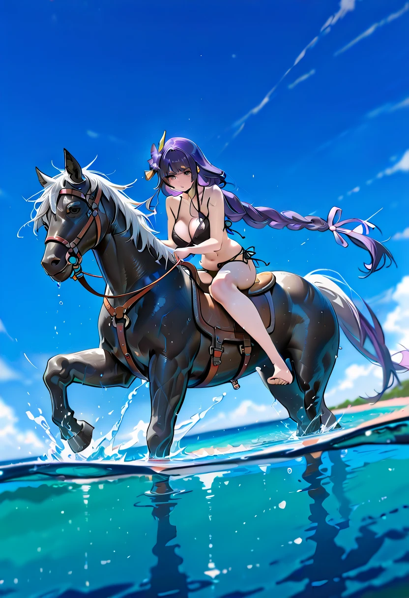 Score_9, Score_8_up, Score_7_up, Score_6_up, Score_5_up, Score_4_up, Source_anime, BREAK (masterpiece:1.3), (8K, best quality:1.3), Highest image quality, intricate details, high resolution, depth field, Natural light, professional lighting, anime,
BREAK, 
riding, horse, (((raiden_shogun, purple eyes, purple hair, very long hair, mole, mole under eye, hair ornament, braid, braided ponytail, hair flower, ribbon, large breasts, barefoot, looking front]), (bikini)), ([((black horse)), saddle, reins, bridle, horse walking]), BREAK (in the lake, partially submerged, water splash, fantasy settings:1, from side:1.2), BREAK solo, anatomically correct