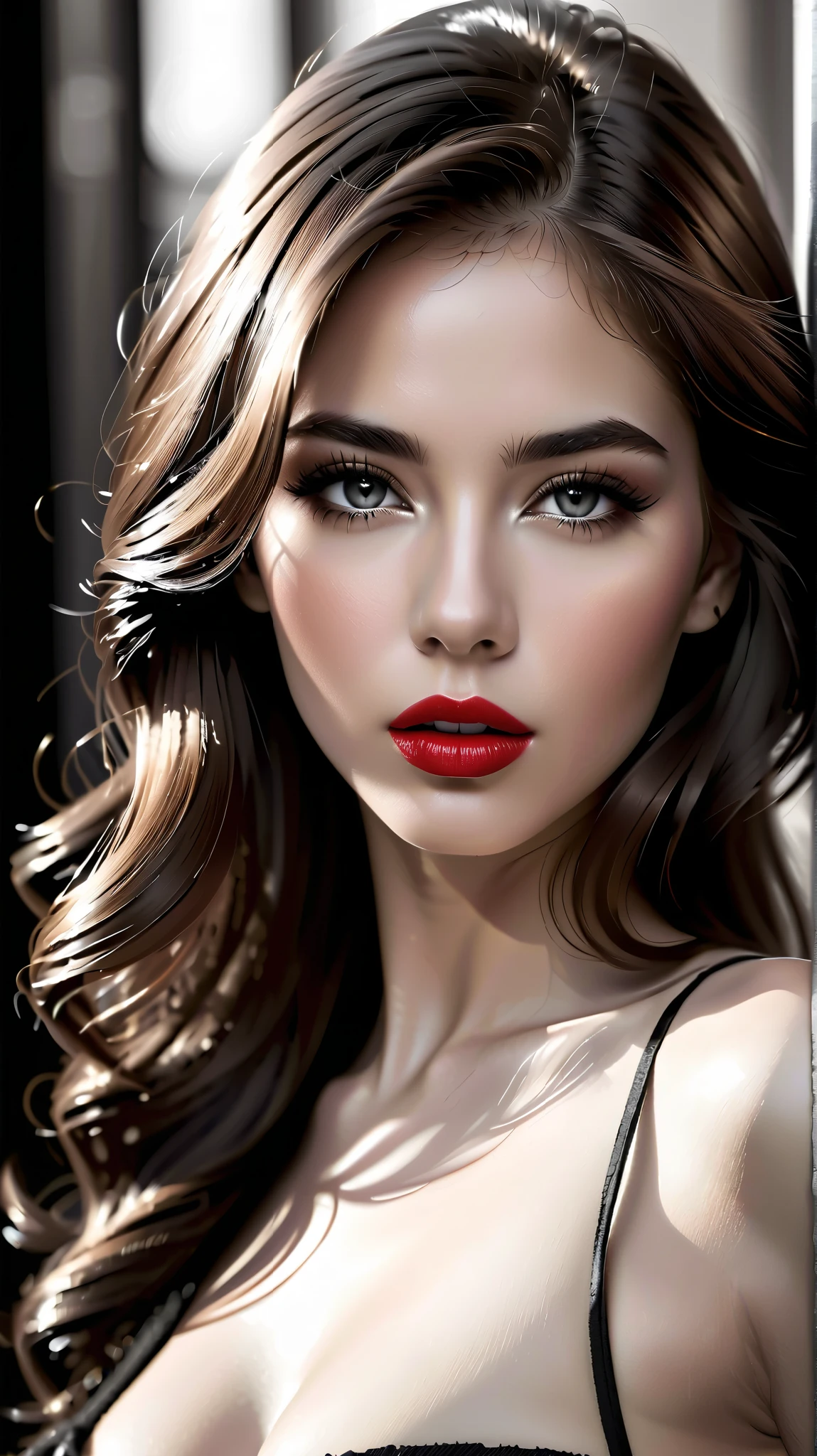 1girl, Sublime femme suédoise très sexy, Detailed lips, detailed eyes, detailed eyelash, detailed face, (((sublime and detailed full body))), long cheveux, visage de séduction, (((shiny red lipstick :2.0, glossy lipstick))), photo du corps entier:2.5, ((porter un manteau_rouge, porte des talons_aiguilles_rouge)),(( photo noir et blanc, black and white, Low-angle photo)), (((photo noir et blanc : 2.0, black and white photo :2.0, shiny red only on lipstick, b/w, b&w, une femme, 1girl))) abdominaux légèrement dessinés,  nombril visible 