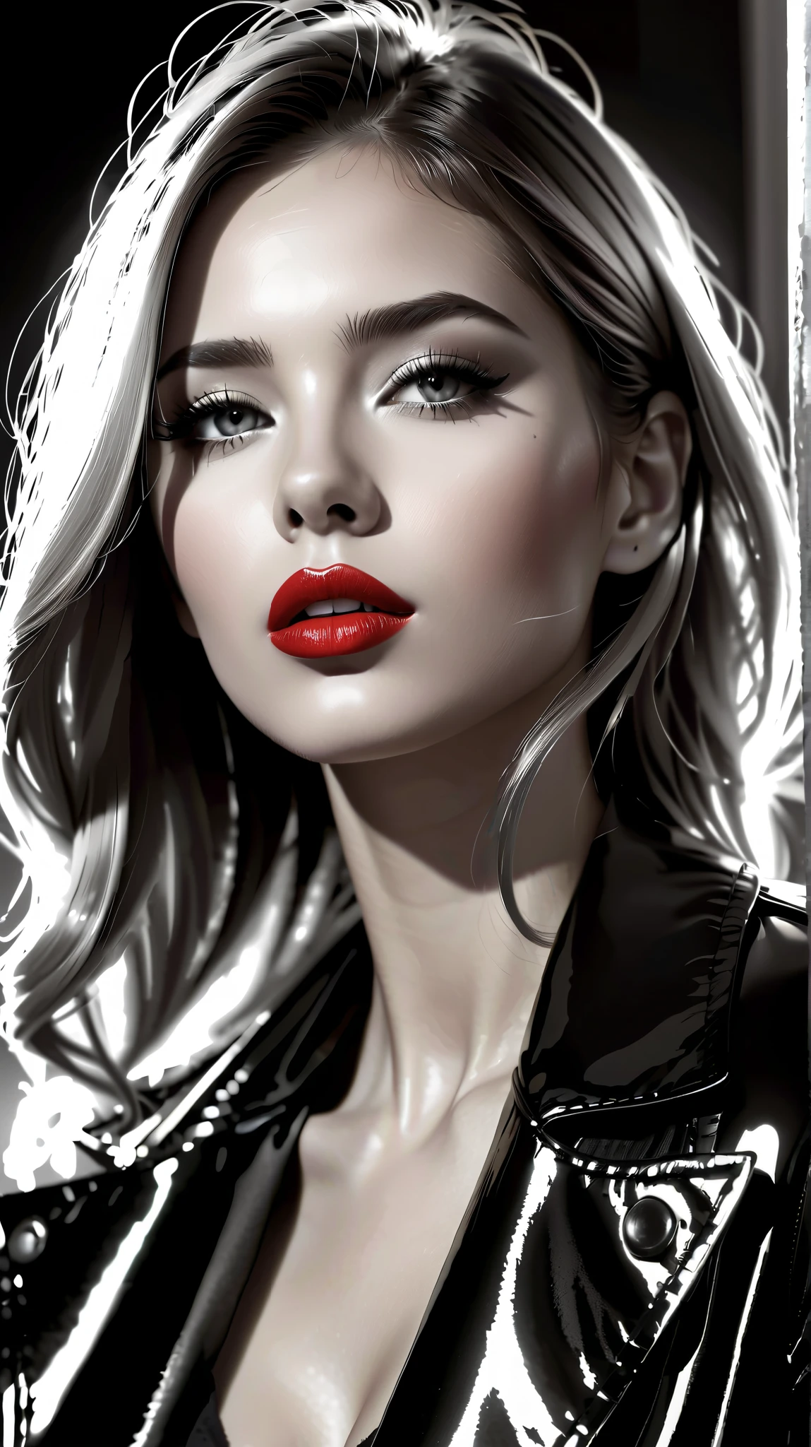 1girl, Sublime femme suédoise très sexy, Detailed lips, detailed eyes, detailed eyelash, detailed face, (((sublime and detailed full body))), long cheveux, visage de séduction, (((shiny red lipstick :2.0, glossy lipstick))), photo du corps entier:2.5, ((porter un manteau_rouge, porte des talons_aiguilles_rouge)),(( photo noir et blanc, black and white, Low-angle photo)), (((photo noir et blanc : 2.0, black and white photo :2.0, shiny red only on lipstick, b/w, b&w, une femme, 1girl))) abdominaux légèrement dessinés, nombril visible