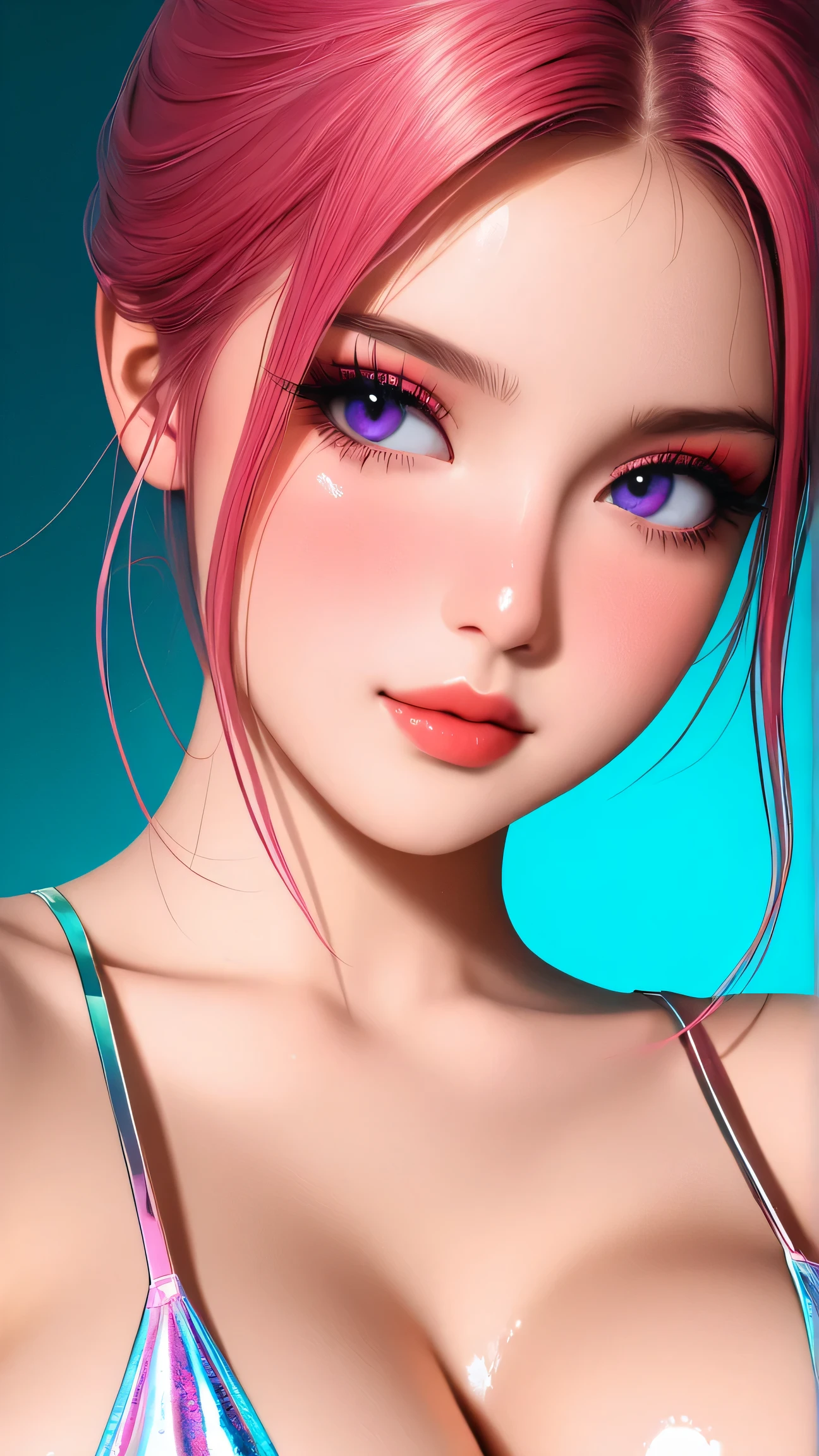 80’s glam rock makeup on shiny android face, anime, 2.5D, Glittery face, moody lighting, (purples, pinks, and blues), iridescent face, abstract ai model, pretty, sexy, minimal, sleek, slender, asian, elegant, futuristic, retro, sophisticated half human half machine, close up face portrait, big breasts, cleavage, Kizi，(eyes looking off to side), Highly detailed, Amazing work，Vitreous luster, blues, purples, pinks, Best quality at best，shiny skin, no background, colorful background, green background, pink background, purple background, blue background, plunging neckline, sexy pose, dynamic pose, heavy blushing, huge breasts, 