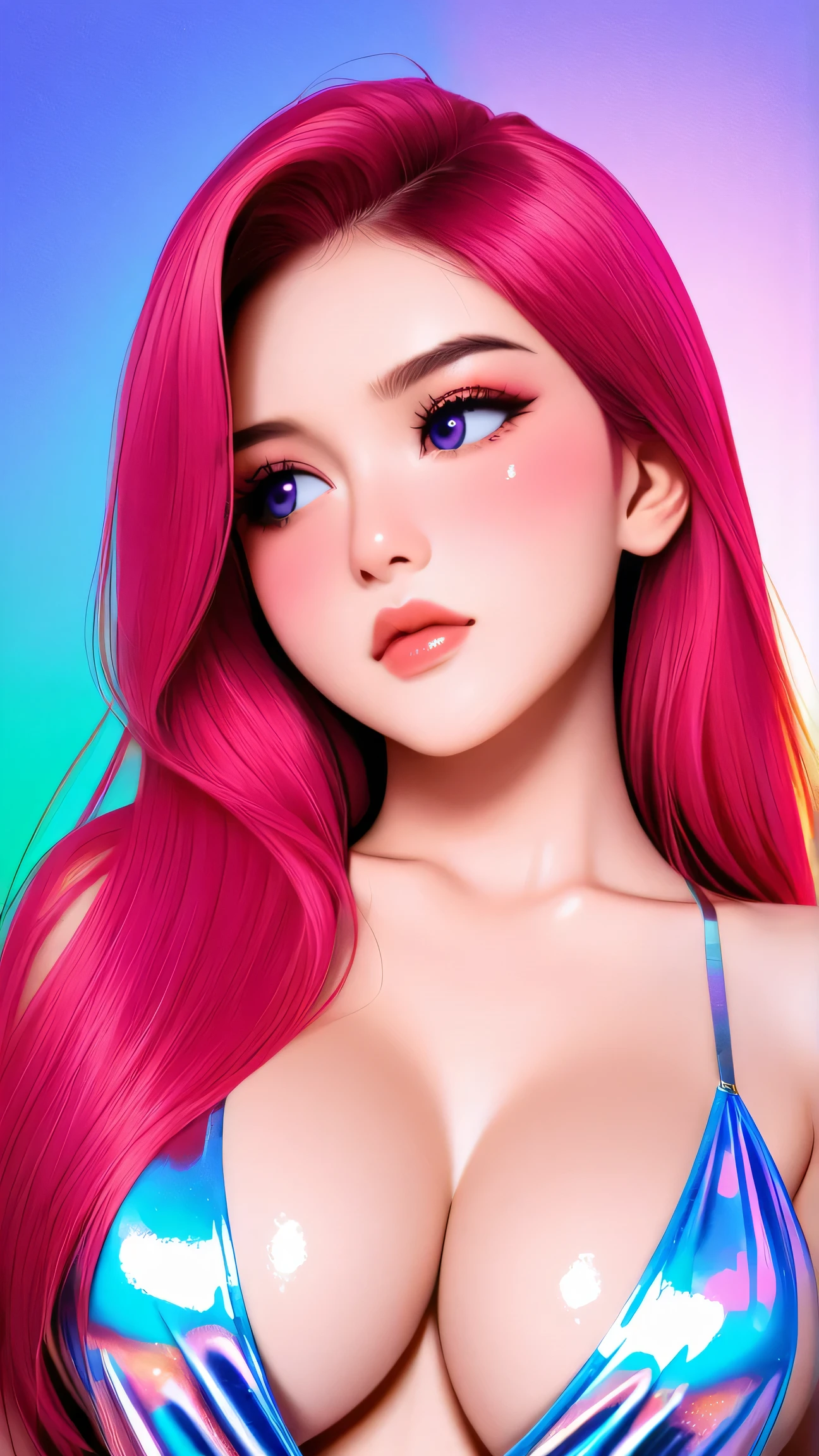 80’s glam rock makeup on shiny android face, anime, 2.5D, Glittery face, moody lighting, (purples, pinks, and blues), iridescent face, abstract ai model, pretty, sexy, minimal, sleek, slender, asian, elegant, futuristic, retro, sophisticated half human half machine, close up face portrait, big breasts, cleavage, Kizi,(eyes looking off to side), Highly detailed, Amazing work,Vitreous luster, blues, purples, pinks, Best quality at best,shiny skin, no background, colorful background, green background, pink background, purple background, blue background, plunging neckline, sexy pose, dynamic pose, heavy blushing, huge breasts,