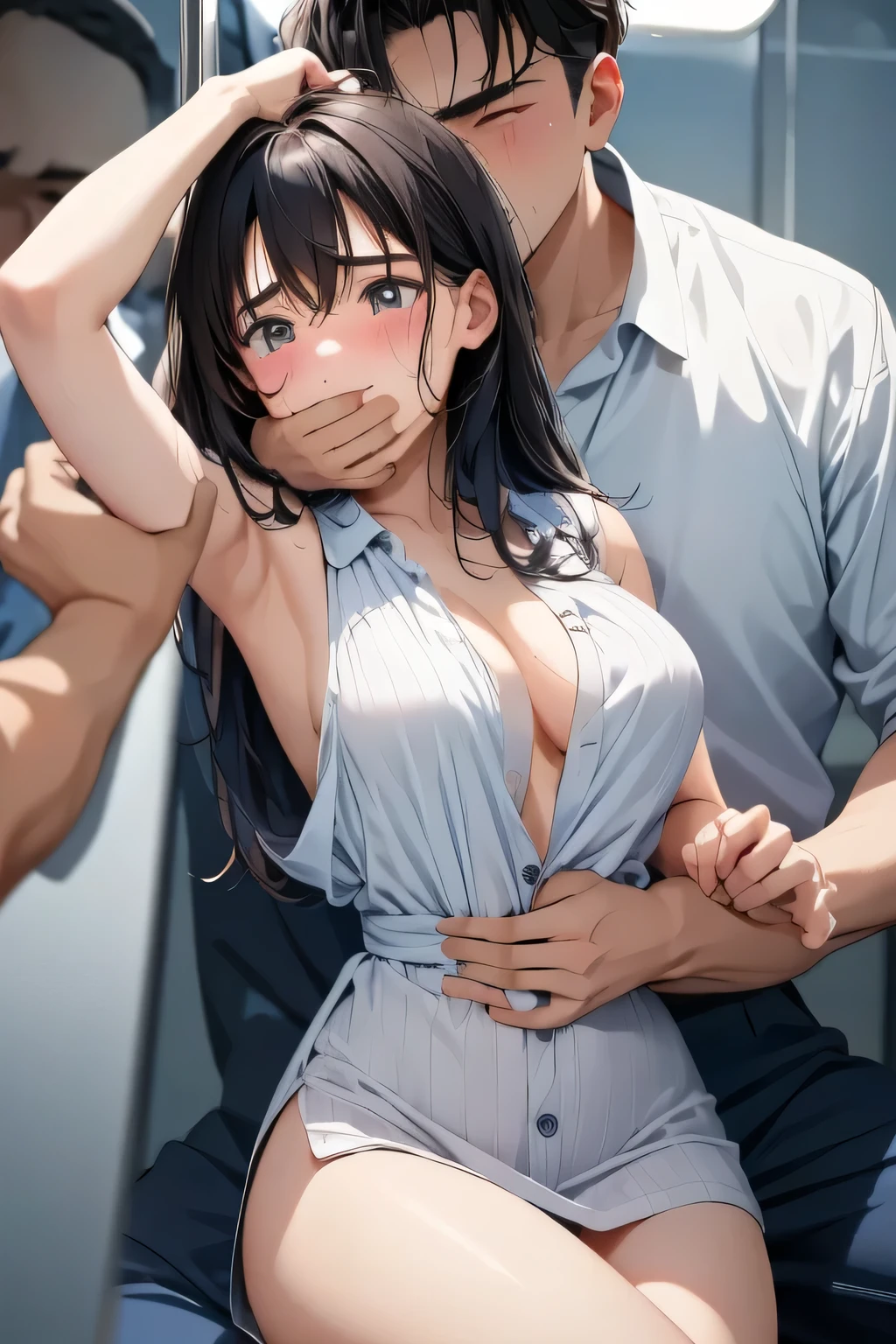nsfw, (1 woman:1.4), (1 guy:1.4), doggystyle, sex from behind, top-down, male out of frame, huge male, size difference, bottom-up, sweaty, steam, tears, saliva, head on floor, messy hair, drooling, large penis, creampie, (transparent negligee female, tight fit:1.2), three quarter view, (head down, looking down, cheek on floor), rough sex, head titled, from side, faceless male, girl focus, close up, ass grab, pinned down, hair strands dungeon floor, stone floor, titled head, stone wall, hand on head, grabbing head, heavy breathing, small breast, opened eyes, sad face, blushing face