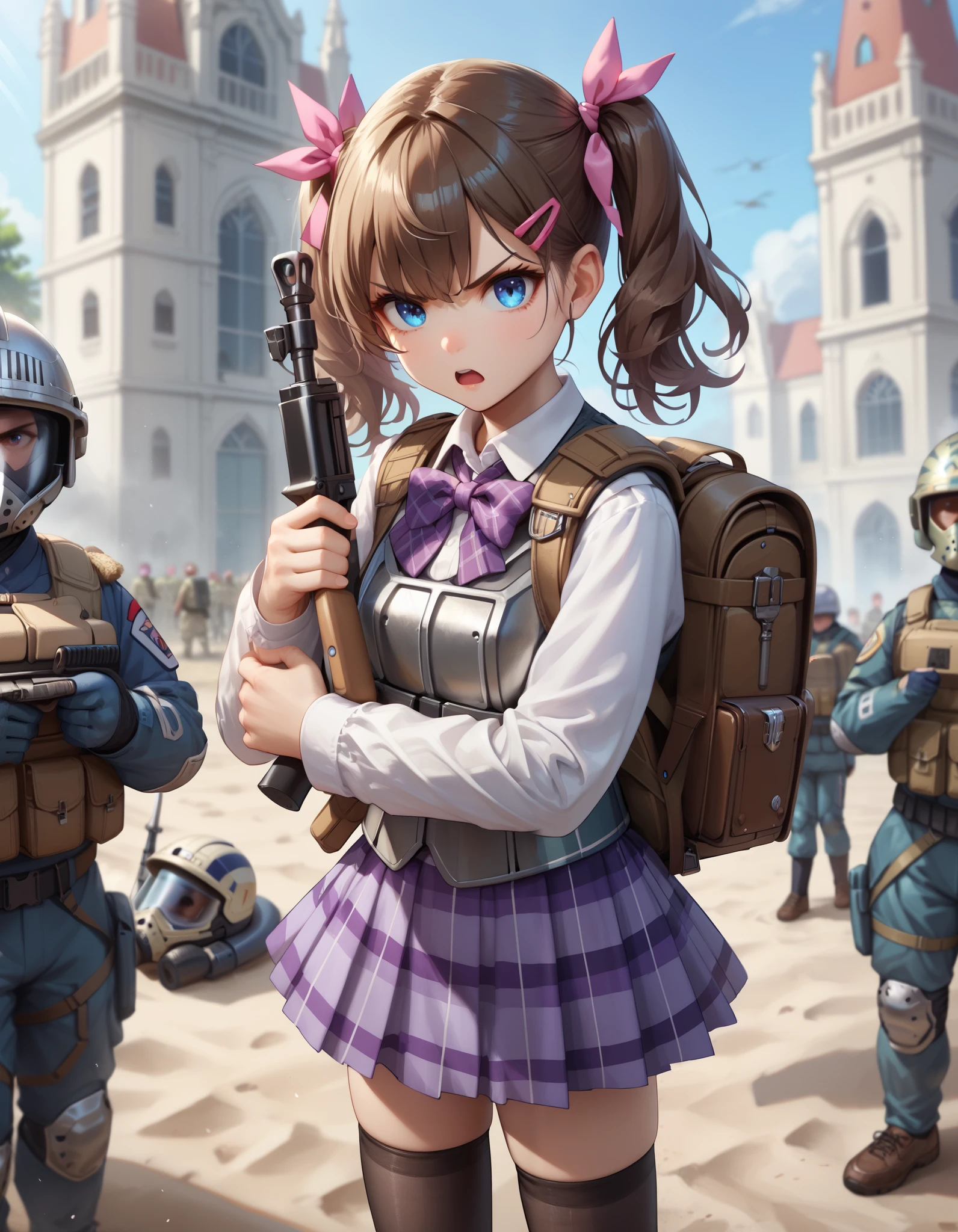 Masterpiece, hd, 1girl, cute girl, 1girl, brown hair, medium hair, twintails, hair ribbon, wearing white collared shirt, long sleeves, purple plaid skirt, wearing purple bowtie, black thighhighs, blue eyes, opened mouth, angry, mad, serious, wearing military helmet, bulletproof helmet, wearing military vest, bulletproof vest,military vest, holding weapon, assault riffle, holding riffle, (assault riffle:1.2), hair clip, wearing backpack, brown backpack, rugsack, standing, fullbody, outdoor, wearing brown shoes