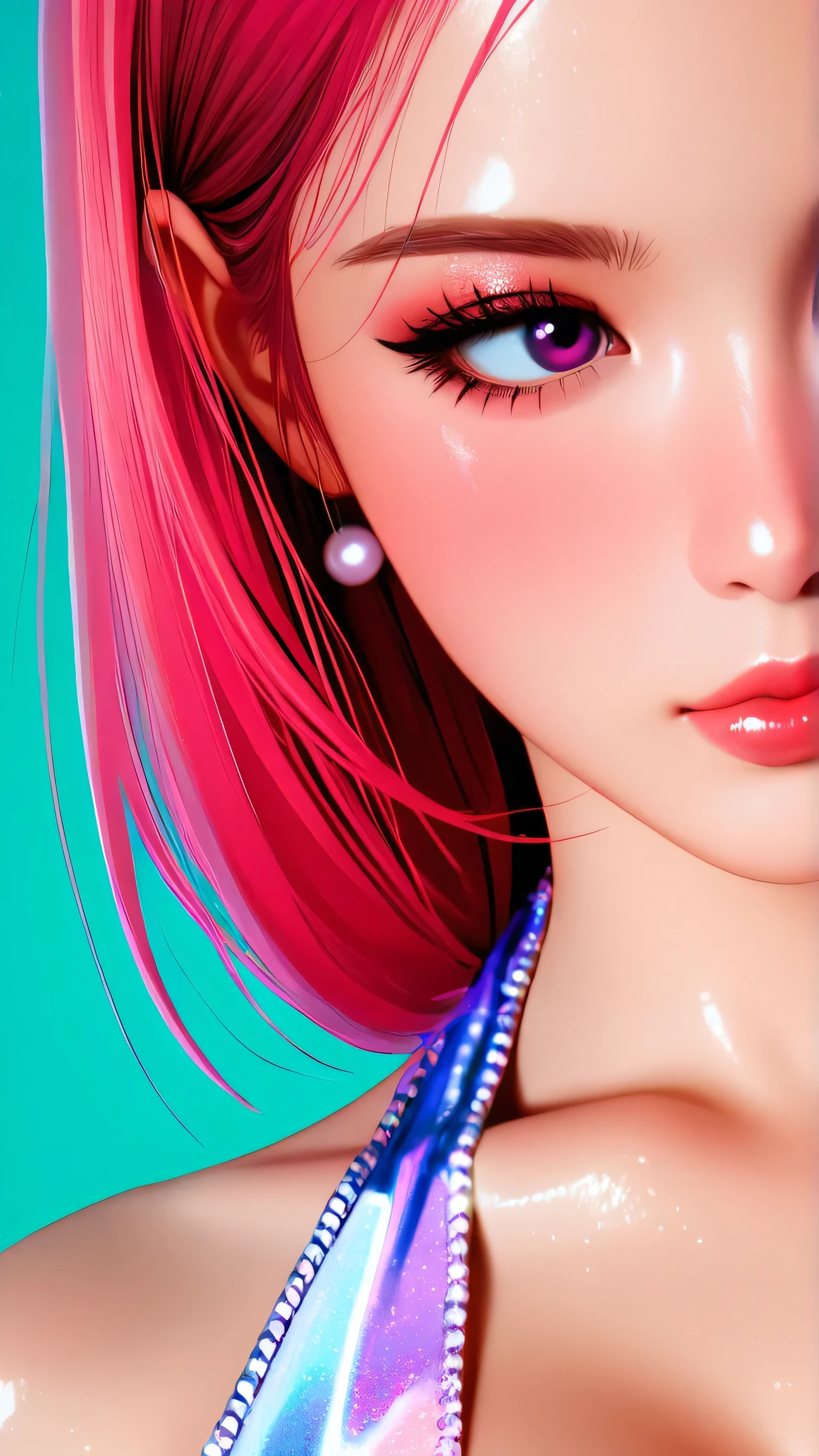80’s glam rock makeup on shiny android face, anime, 2.5D, Glittery face, moody lighting, (purples, pinks, and blues), iridescent face, abstract ai model, pretty, sexy, minimal, sleek, slender, asian, elegant, futuristic, retro, sophisticated half human half machine, close up face portrait, big breasts, cleavage, Kizi,(eyes looking off to side), Highly detailed, Amazing work,Vitreous luster, blues, purples, pinks, Best quality at best,shiny skin, no background, colorful background, green background, pink background, purple background, blue background, plunging neckline, sexy pose, dynamic pose, heavy blushing, huge breasts,