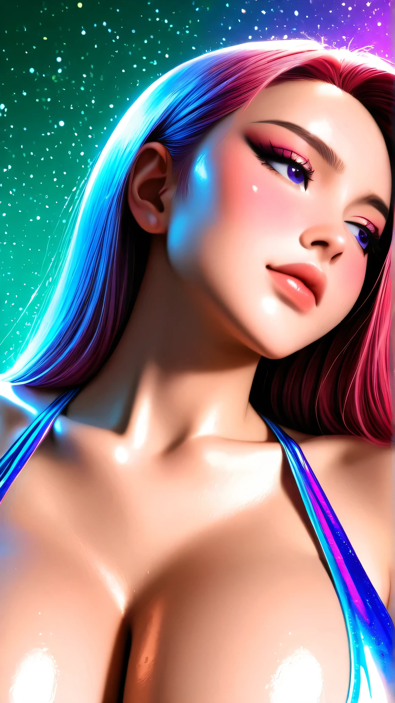 80’s glam rock makeup on shiny android face, anime, 2.5D, Glittery face, moody lighting, (purples, pinks, and blues), iridescent face, abstract ai model, pretty, sexy, minimal, sleek, slender, asian, elegant, futuristic, retro, sophisticated half human half machine, close up face portrait, big breasts, cleavage, Kizi,(eyes looking off to side), Highly detailed, Amazing work,Vitreous luster, blues, purples, pinks, Best quality at best,shiny skin, no background, colorful background, green background, pink background, purple background, blue background, plunging neckline, sexy pose, dynamic pose, heavy blushing, huge breasts,