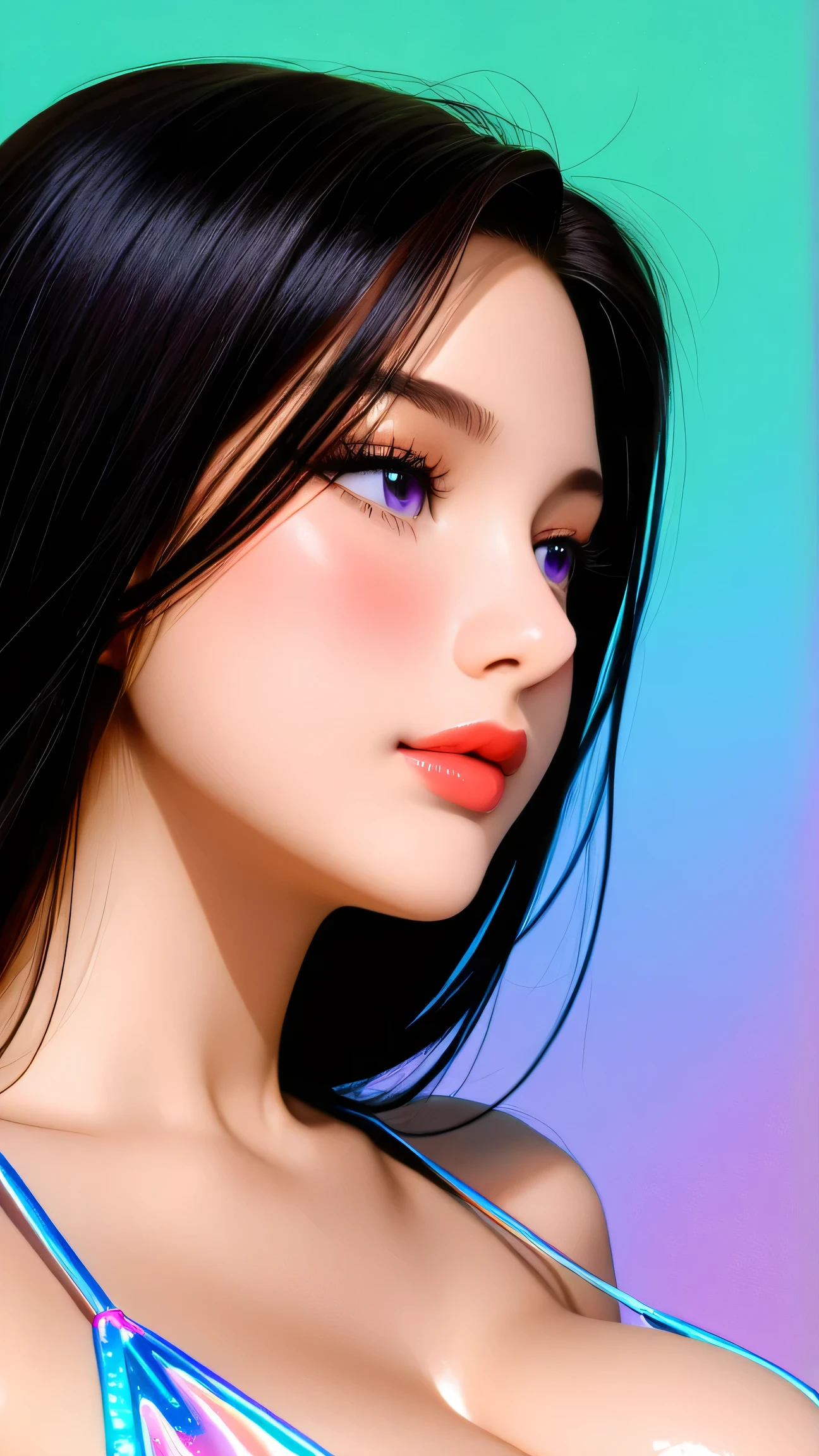 80’s glam rock makeup on shiny android face, anime, 2.5D, Glittery face, moody lighting, (purples, pinks, and blues), iridescent face, abstract ai model, pretty, sexy, minimal, sleek, slender, asian, elegant, futuristic, retro, sophisticated half human half machine, close up face portrait, big breasts, cleavage, Kizi，(eyes looking off to side), Highly detailed, Amazing work，Vitreous luster, blues, purples, pinks, Best quality at best，shiny skin, no background, colorful background, green background, pink background, purple background, blue background, plunging neckline, sexy pose, dynamic pose, heavy blushing, huge breasts, 