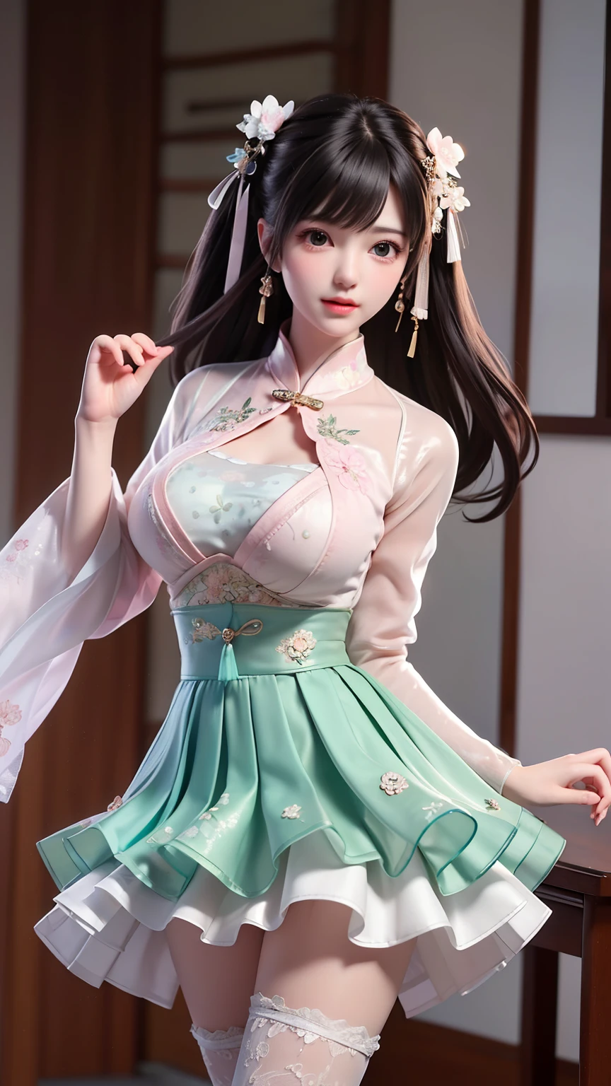 FULL BODY , heels high,she had big breasts and moaned with pleasure, she wear hanfu chinese,Two girl, cute l old, maturbate, big breast, sex kiss breasts her, short skirt, twin tail, CG Unity 8k Wallpaper, in lace thin silk wet , open v chested petticoat, The chest more exposed, detailed hair, green, detail 8k, body, ignette transparent fabric flower, A girl, cute l old, maturbate, big breast, sexy, short skirt, twin tail, CG Unity 8k Wallpaper, in qipao chinese open should ignette transparent fabric thin silk wet ,open v chested qipao chinese, eyes realistic sizing, pleated skirt black, (((round face, blush))), ((table corner is hit her crotch)), (precise depiction of (boobs tit) bra silk), ribbon, (s) , vignette transparent fabric flower, fishnet stockings , look at viewer behind, legs , shoes high, on Led lighting on dress