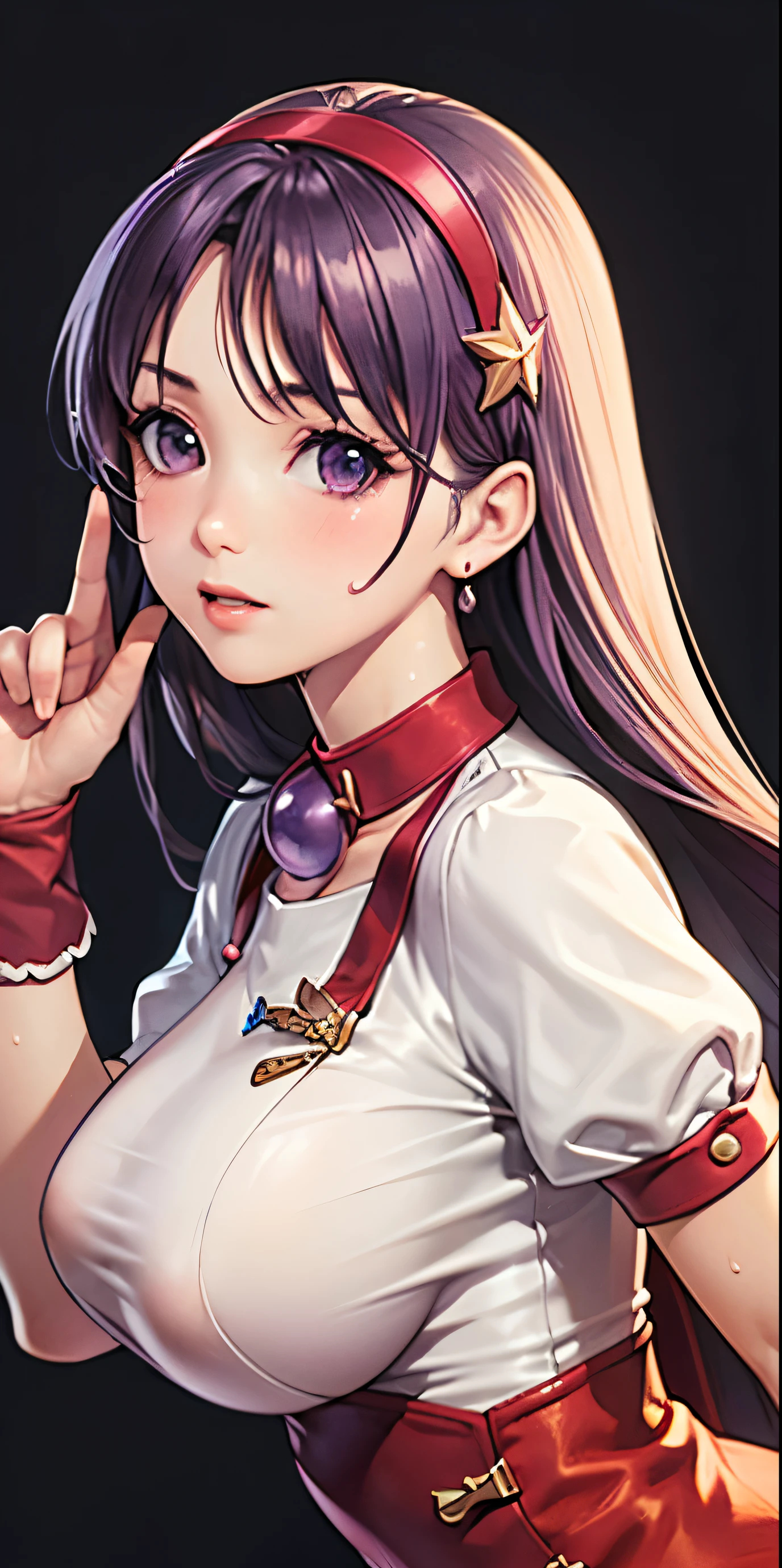 1 female, high definition, High resolution, ultra-realistic ,8K,AA1 , purple hair, long hair, diadema, long hair, collar, (Pussy),(pubic hair), pending, red dress, short, bulging sleeves, white sleeves, wristband, tight dress,European, Pictured from the front, Dynamic Angles ,blush, (big tits), pretty face, facial, sweat, perfect face, Perfect body,(muslos anchos:1.3), pretty face ,camel toe, perfect face, Detailed face