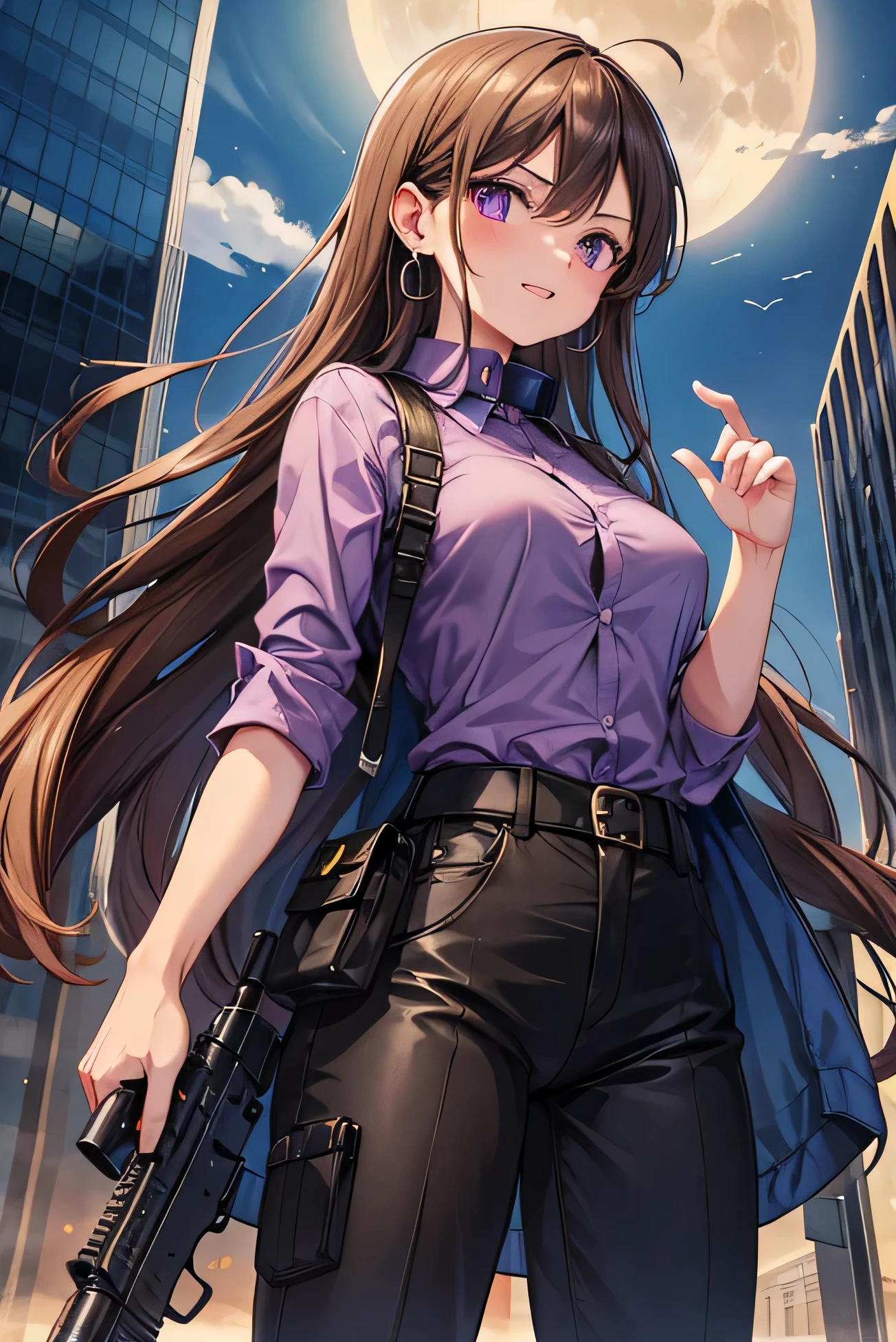 young girl, Long brown hair, violet eyes, black leather jacket, Spider-Man 2099, ssmile, Masterpiece, hiquality