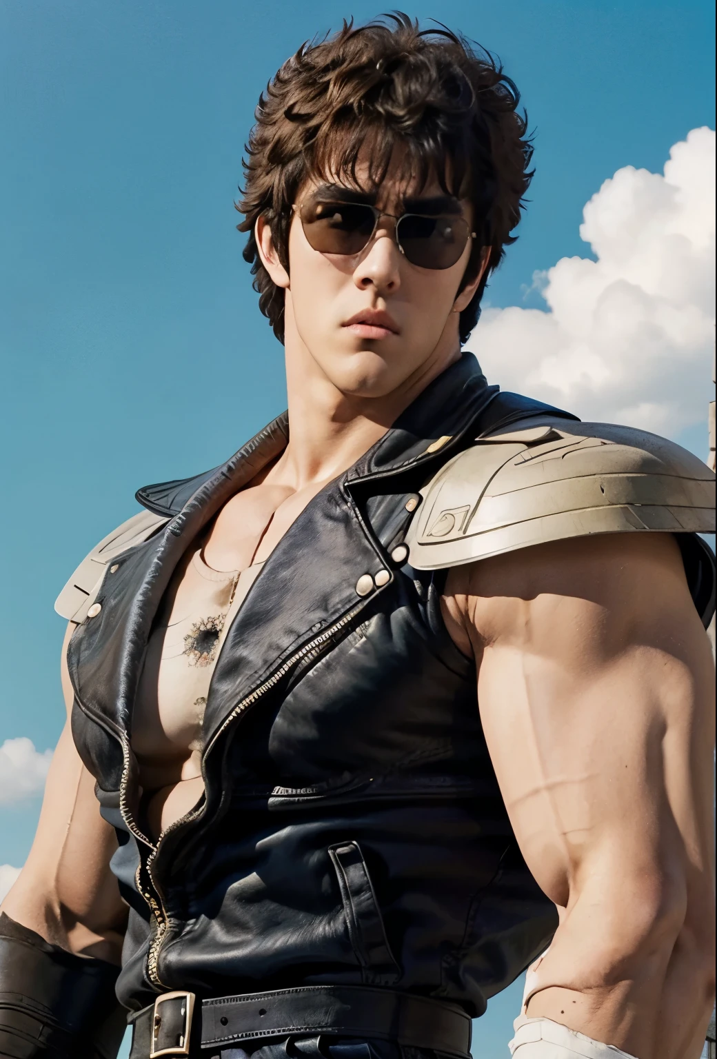 From front,,  Kenshiro's Hairstyle , Short messy hair, Brown Hair,   thick eyebrows,  upper body、（（ sunglasses））