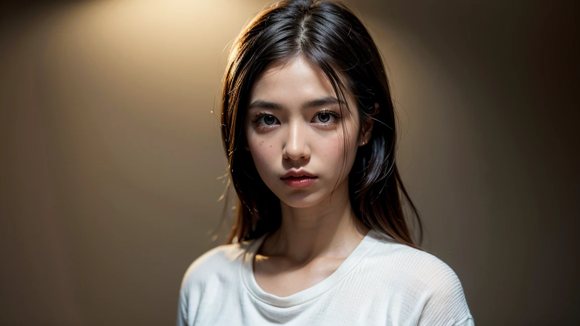 jessica henwick, long hair, white t-shirt, blue short jeans, realistic face, beautiful detailed eyes, beautiful detailed lips, extremely detailed face and portrait, natural lighting, cinematic composition, photorealistic, 4k, high quality, masterpiece