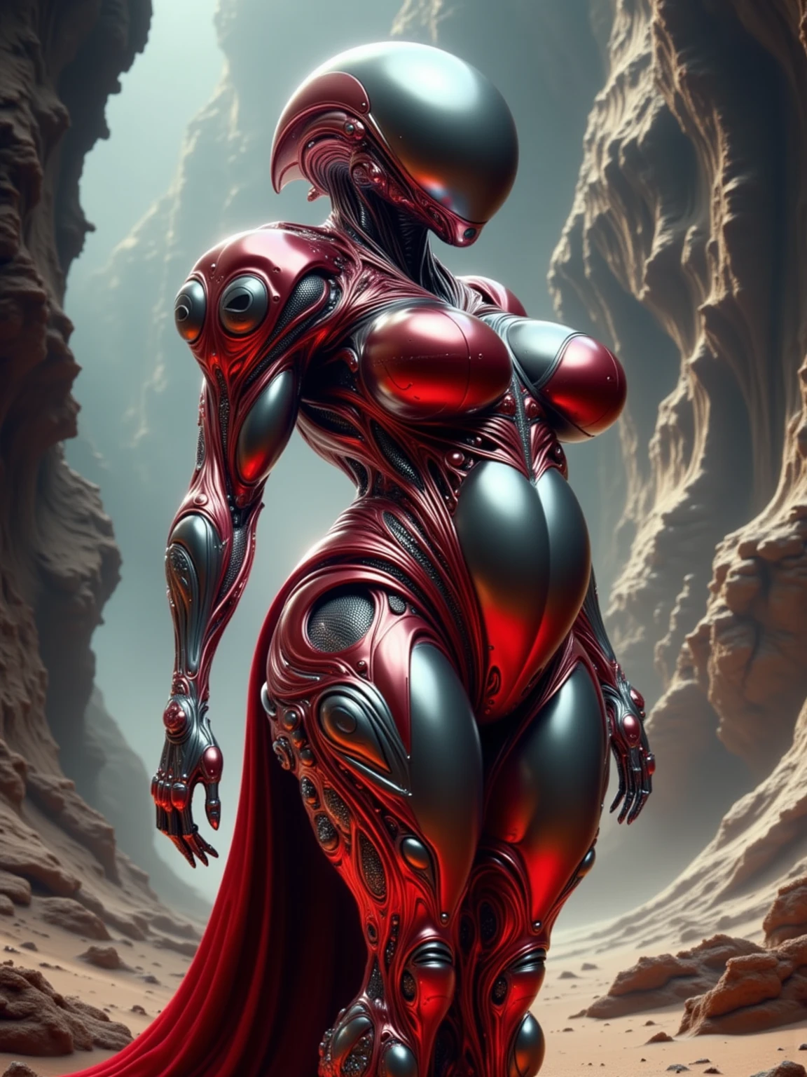 Elesh Norn, phyrexian, woman, female, standing, sexy, large cleavage, red and white background, phyrexian symbol, gothic, dark fantasy, cinematic lighting, detailed face, intricate details, hyperrealistic, octane render, 8k, photorealistic