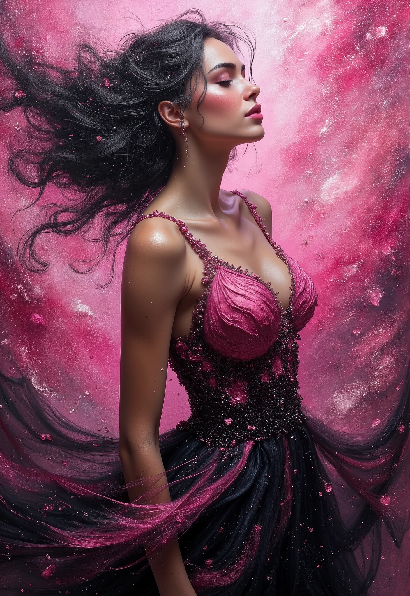 A girl in black gown and pink scarf
