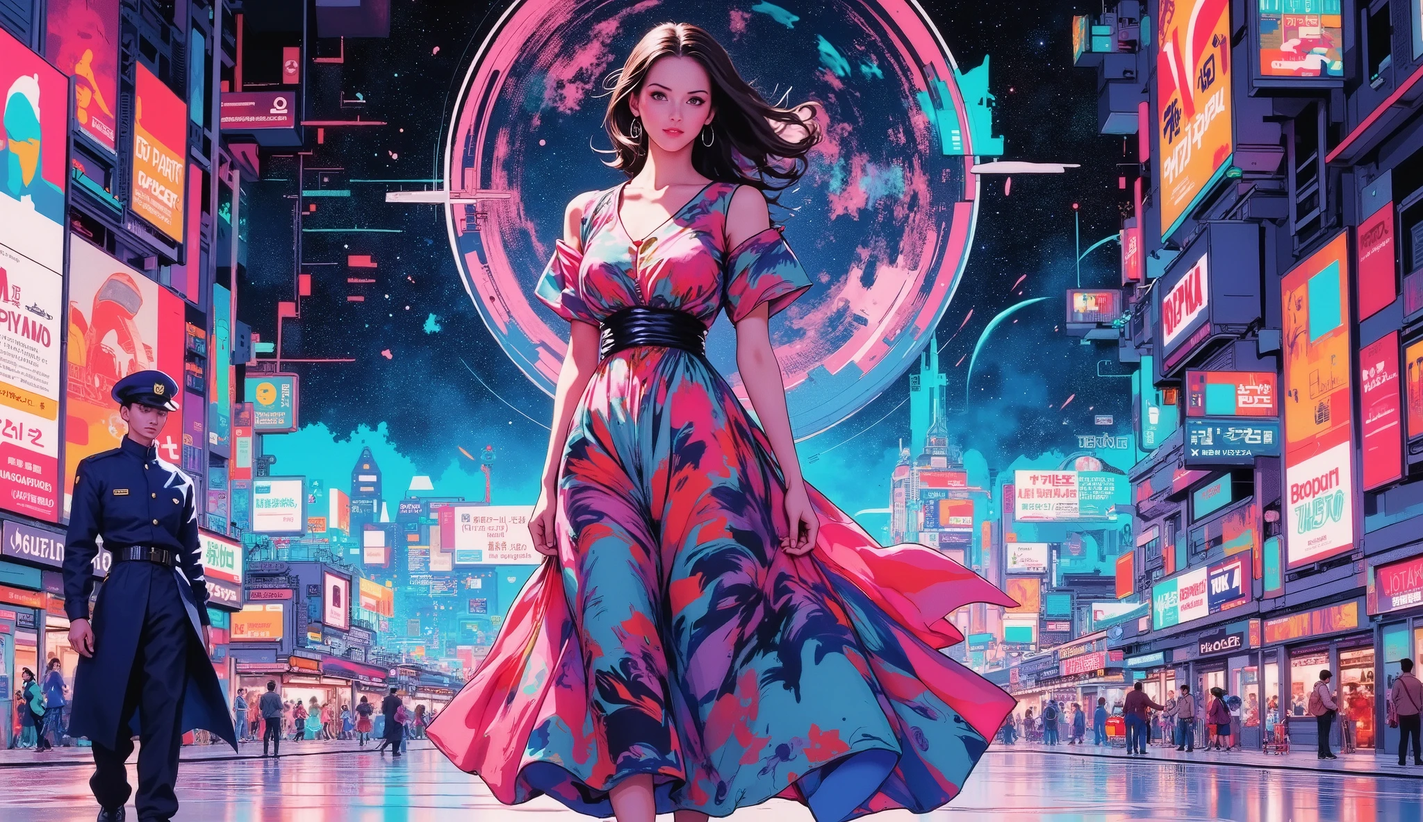 A woman in a dress in a spaceport, officer, galaxy, anime