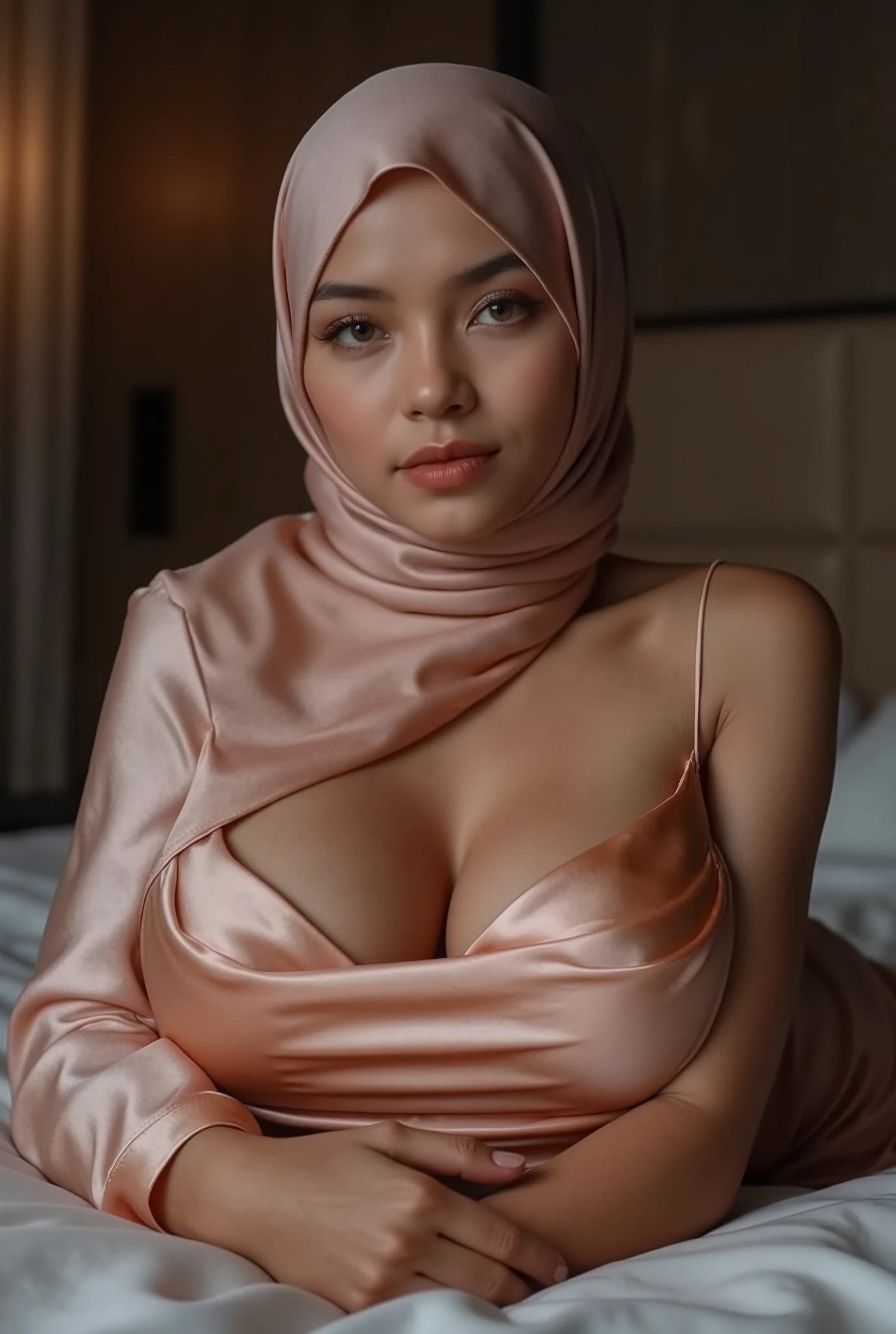 malaysian lady 18 years old, pale face, show breast,((hijab)) wear hijab, natural, no make up, detailed on face, pink tight dress, very tight dress, realistic photo, serious face, model, hotel room, full body, big breast, hijab, laying on bed, ultra big breast, exotic skin, potrait, low light, dark, face front