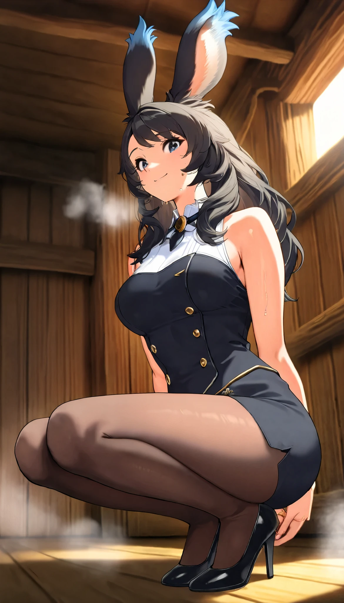 (((( Masterpiece)))), (((( Top Quality)))), Hi-Res,fine grain, detailed face, Detailed Expression Description , fine grain 、 detailed face、 detail hair 、 Sparkling Skin 、sweat、viera, score_9, score_8_ up the side , score_7_ up the side , very detailed, Breathtakingly beautiful Viera woman 、 Viera wearing a cabin attendant uniform, length, Silky black hair, her hands are behind her back 、 with an emphasis on proportion , short skirt, And tights. She has a radiant smile , And a confident and Elegant attitude, behind her back and confident , Elegant attitude . BREAK A breathtakingly beautiful Viera female , squatting down with your spine slightly 、 amazing face and eye details , (((She is placed in the cabin of an airplane))), Great level of detail 、 contains soft steam and fog , The scene is、 her curvaceous beauty 、 Wearing . In the atmosphere 、 with an emphasis on graceful posture 、 contains soft steam and light fog. super high heels , 32K resolution, Masterpieceレベルのディテール , Hausmo style .