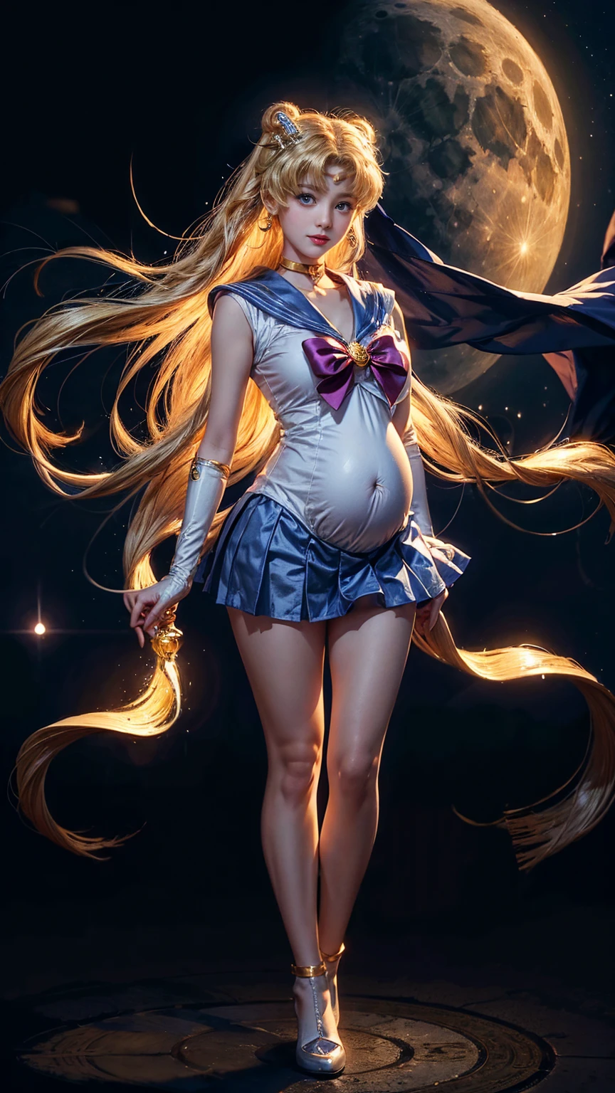 Masterpiece, Best Quality, High Resolution, Venus1, 1Girl, Solo, Sailor Warrior Uniform, Sailor Venus, Minako Aino, Blonde, Magical Girl, Blue Eyes, Orange Skirt, Elbow Gloves, Headgear, Pleated Skirt, Bow, Orange Sailor Collar, Miniskirt, Choker, Red Bow, Orange Choker, White Gloves, Extra Long Hair, Jewelry, Earrings, Cowboy Gun, Smile, Lift Skirt with Hands, Bare Thighs, Panties, Bare Legs, pregnant