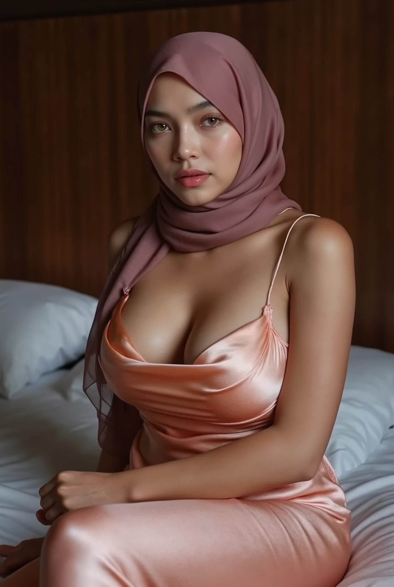 malaysian lady 18 years old, pale face, show breast,((hijab)) wear hijab, natural, no make up, detailed on face, pink tight dress, very tight dress, realistic photo, serious face, model, hotel room, full body, big breast, hijab, laying on bed, ultra big breast, exotic skin, potrait, low light, dark, face front