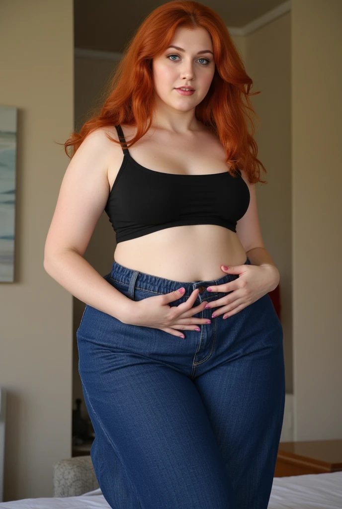 ginger hair girl, big boobs, white crop top, blue jeans, silver necklace, centered subject, eye-level shot, shallow depth-of-field, standing straight, hands on hips, facing camera, neutral walls, indoor setting, minimalistic style