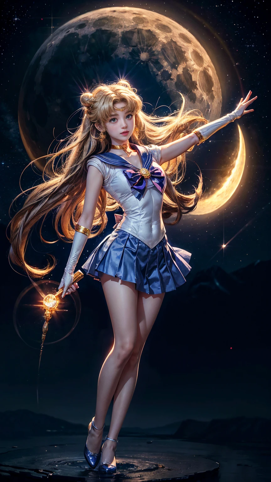 masterpiece,best quality,absurdres,perfect anatomy,sama1,tiara,Sailor Moon Jupiter,white gloves,green sailor collar,green skirt,star choker,elbow gloves,pleated skirt,bare legs,purple bow,space,moon,cowboy shot,smile,flame bow,