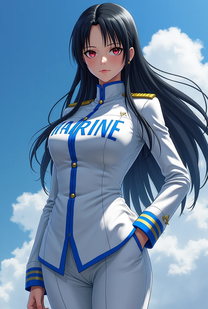 (masterpiece, best quality, RAW photo, intricate details) portrait, head and shoulders, 1girl / Atago / medium dark hair, blues eyes, cat ears, large breasts, curvaceous body, (wearing admirals uniform, wearing white trousers), seaport background, blue sky, Azur lane, catgirl, admiralty, medals, academy, military, marine