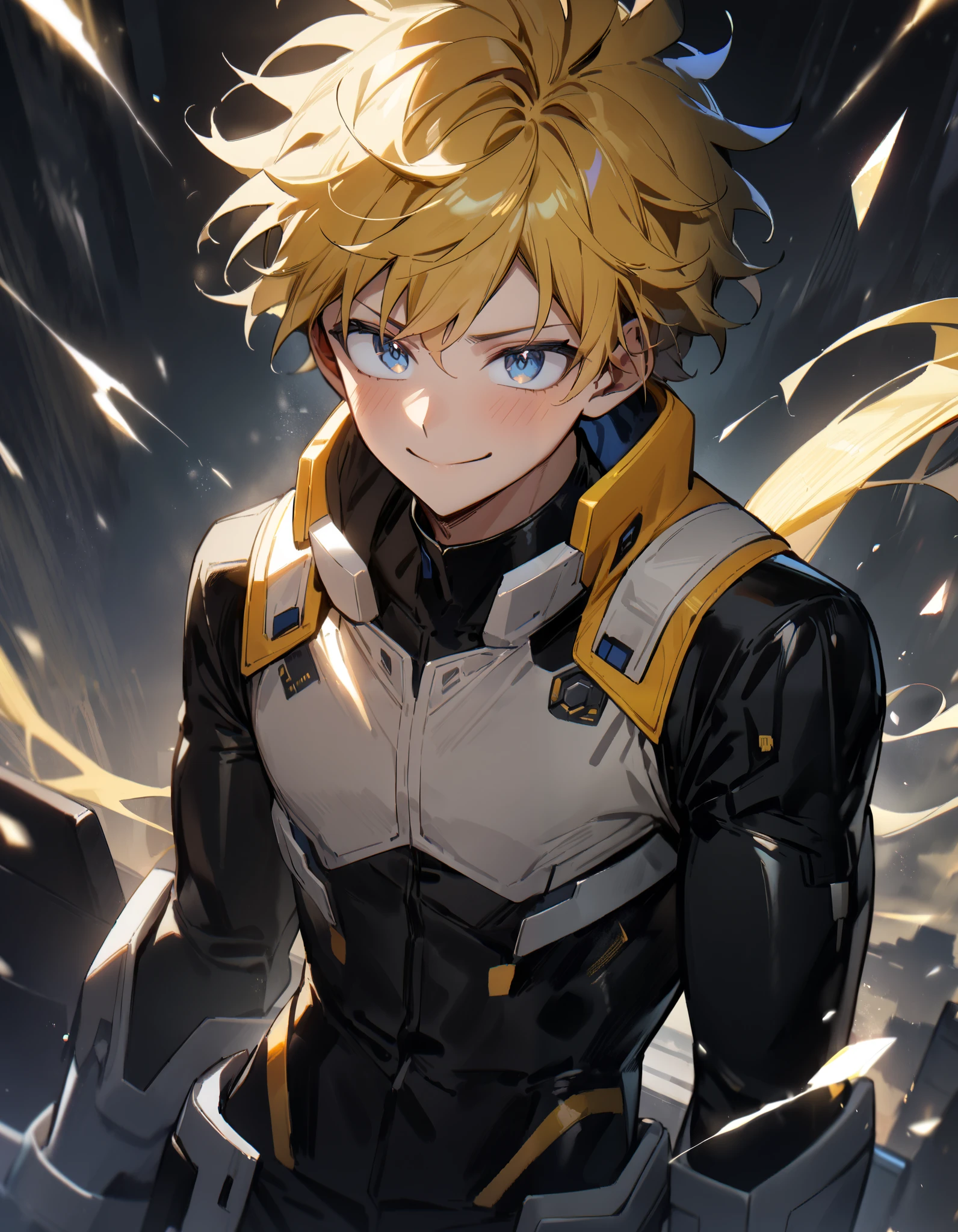 1 boy, Age 25、 bright yellow hair、 masterpiece, top quality, Futuristic Suit 、smile