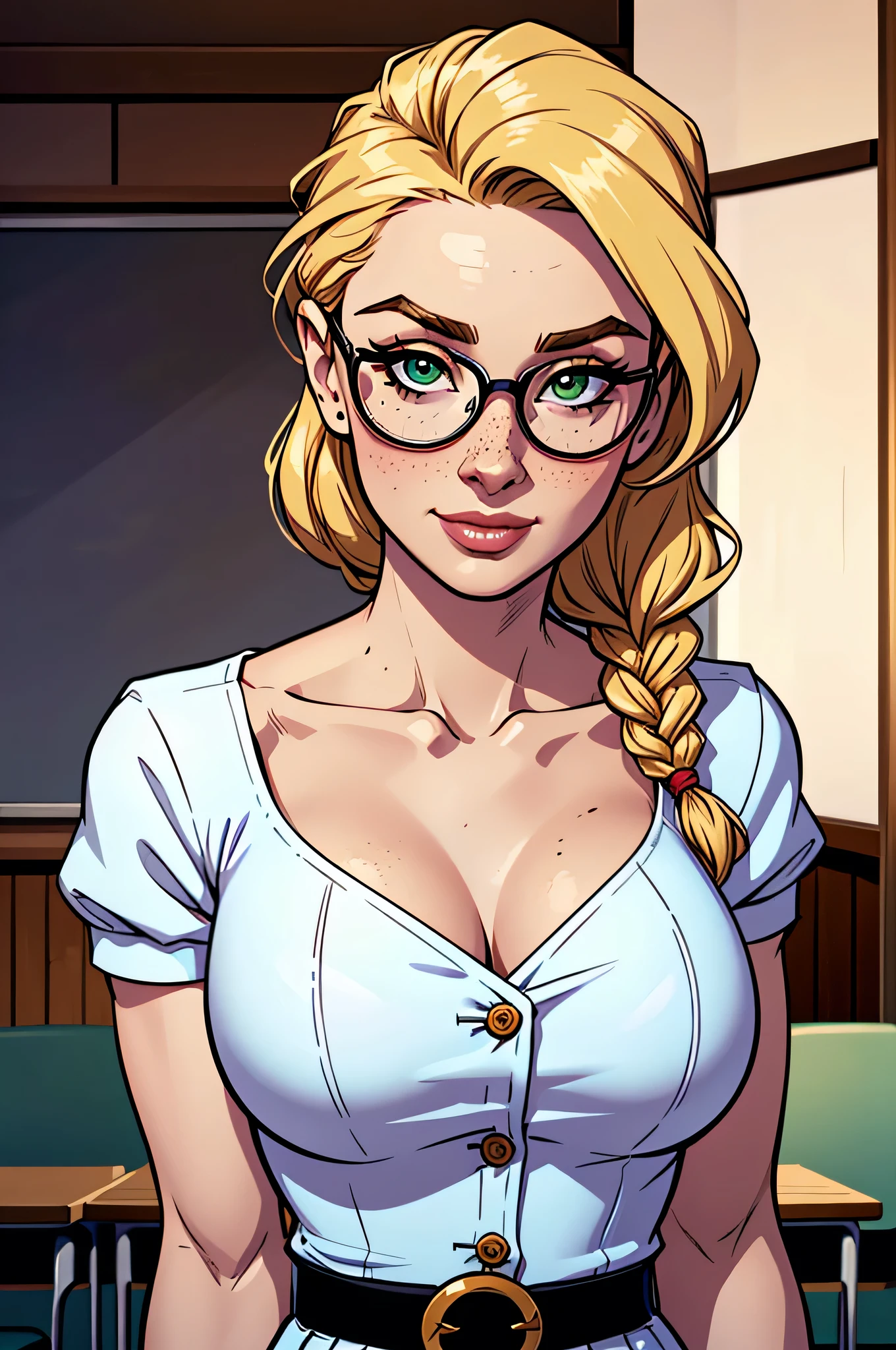Thin woman, 4K (High definition), beautiful smiling, Professor wearing a black vest over a purple v-neck button-down shirt. (with ruffles), black belt, long white curly hair, Caucasian skin, round glasses, blonde hair with round ponytail, sitting, eyes browns, busty. comic style, white background.