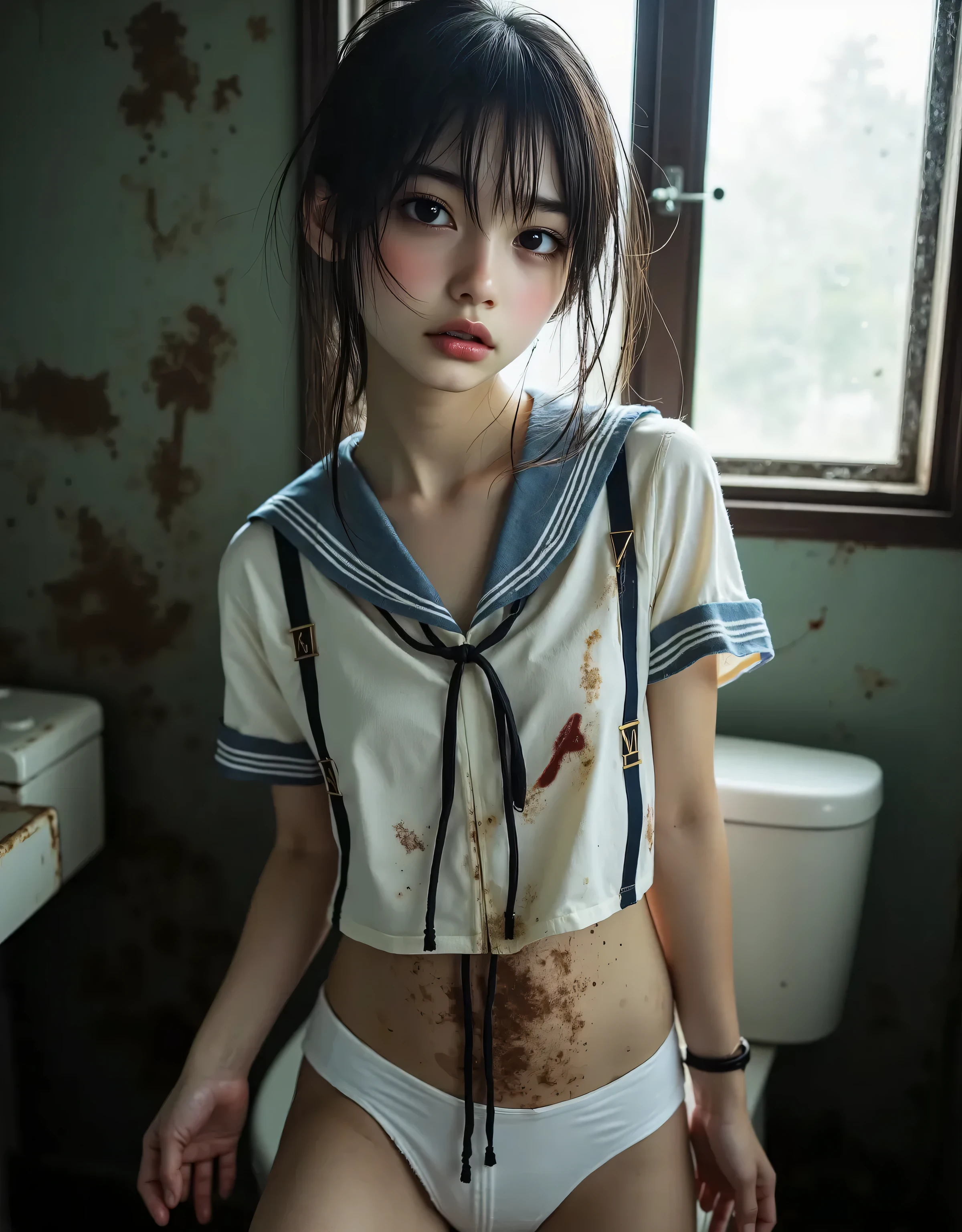 ((Anatomically accurate human structure)), ( Masterpiece: 1.5), ( highest resolution: 1.5), ((( photorealistic:1.8))), cinematic light , 32K resolution, detailed facial features , ( sharp concentration: 1.2), ( focus on the face :1.2), perfect style for a futuristic abandoned city, Acura, absurd, ((( pretty dirty with an old washroom abandoned on a heavy rainy day Shooting in the toilet))), (((You can see a dirty toilet bowl and a broken sink in an old abandoned toilet ))), ((Heavy rain outside)), ( very cute Japanese woman), (( Japanese High Girls)), ((( I'm wearing a white short-sleeved sailor suit with a navy blue collar from a Japanese high school:2.0))), ((( A navy blue collar white short sleeve sailor suit :1.8))), ((( The front of the white short-sleeved sailor suit, which is quite dirty with sweat, mud, and , opens left and right, and you can see a small cleavage of the bust that is quite sweaty:1.5))), ((( a light blue scarf in a uniform stained with sweat, mud, and ))), ((Dirty, torn, stripped navy blue flared skirt)), (( humiliated and humiliated, dark expression distorted with sorrow :1.5)), (( Embarrassing yet excited and feeling ecstasy :1.2)), ((( My face, hair, body, and sailor suit are pretty dirty with sweat, mud, and :1.8))), ((White bra pretty dirty with sweat and mud )), (( white panties that are pretty dirty with sweat and mud and urine )), ((dark and insidious atmosphere )), (High-definition face and realistic skin texture), ( beautiful brown realistic eyes ), Delicate, realistic eyes, long, even eyelashes, Thin, realistic eyebrows, catchlight in the eyes , natural blush, glowing skin that makes my body a little wet, Glossy, realistic lips, Exposed chest, soft breasted, wet breast, ((( white semen ejaculated on the mouth, chest, and thighs :1.8))), ( dripping semen ), (The uniform of the ), Messy, torn, stripped sailor uniform, red cheeks, very embarrassing humiliating expression , With an uneasy expression, crying expression , white Japanese High School Girls sailor uniform playing and tearing , very embarrassing looks , anger, sorrow, tears, Open your knees, open legs, dirty necklace , messy dirty clothes , exposed dirty white panties , ( I can see a white bra that is dirty and torn from the torn part of the sailor suit ), sweaty, Thin underwear , dirty and torn black stockings , woman with a clean and tidy face , 1 girl, upturned chest, Dark brown messy hair, ( white Japanese High School Girls sailor uniform:1.2), pretty disheveled black hair short hair , stare at me, sexual action, pretty old dirty toilet , dirty toilet sink, pretty dirty toilet , The urge to masturbate , (Accurate hand shape, precise finger shape, the exact number of fingers ,5 fingers on one hand ), ((Being made to open my mouth and fellatio )), ((Dark movie atmosphere))